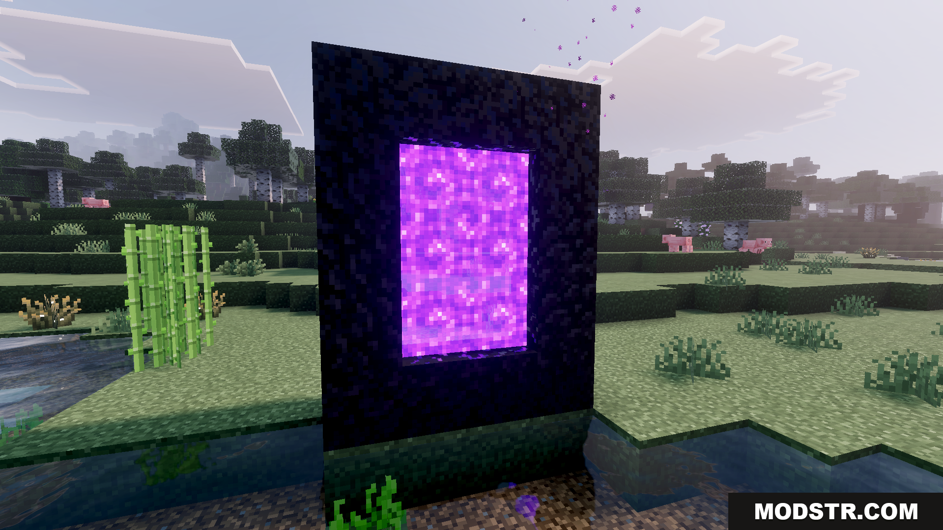 Klash Visuals Deferred PBR Texture Pack Screenshot 5 Bright sunlight shining through trees and colored lights in the game world