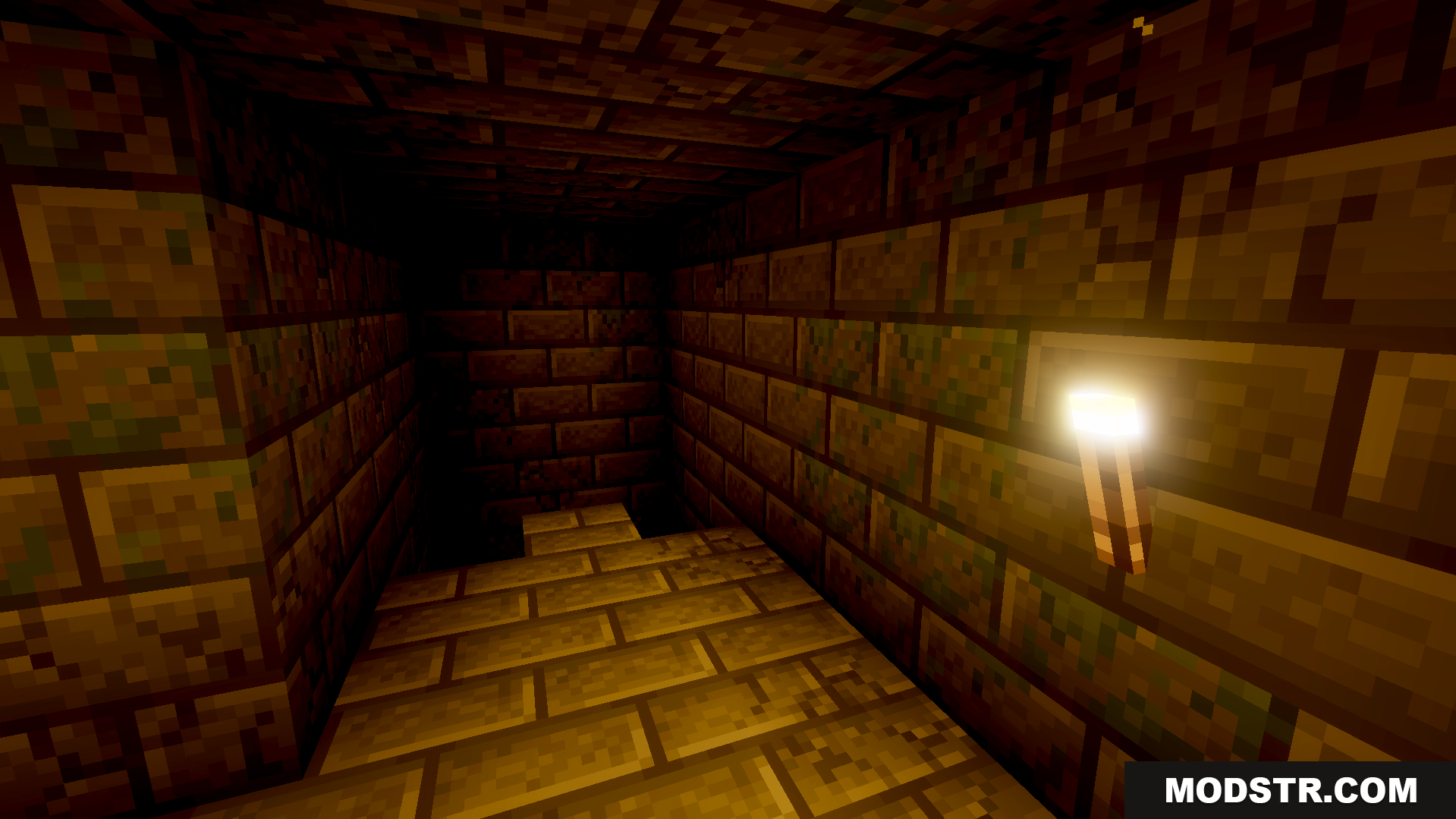 Klash Visuals Deferred PBR Texture Pack Screenshot 7 Dark stone brick corridor illuminated by a single torch on the wall