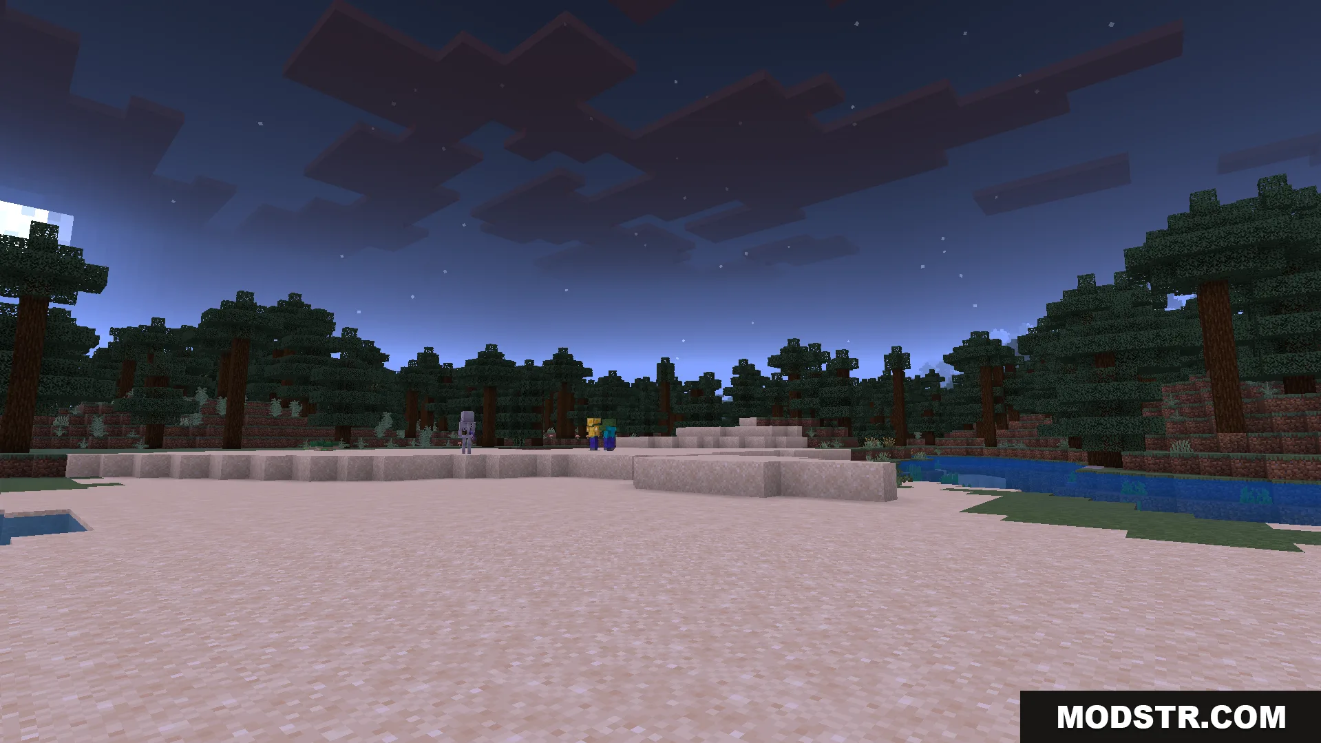 KnightShadows Night Vision Addon showing a clear sandy beach and forest with mobs