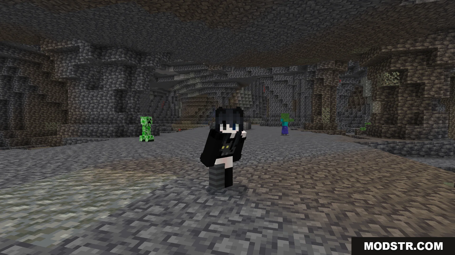 A player explores a bright cave filled with mobs using the night vision effect