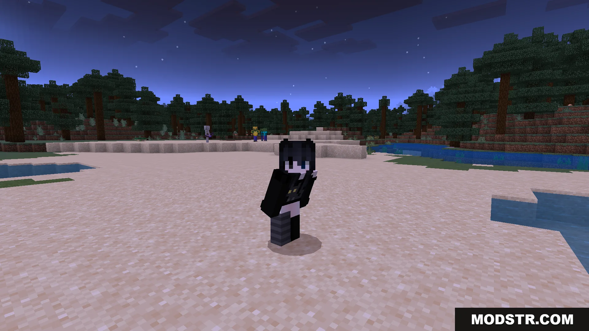 Player character sneaking on a sandy beach at night with clear visibility