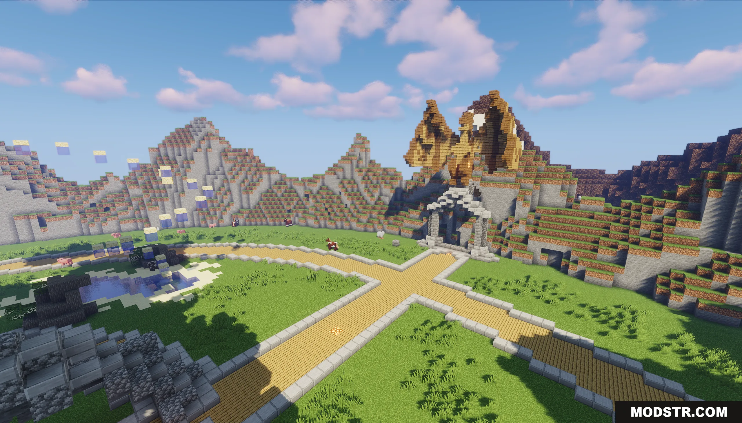 Kraken Lobby Map Screenshot 9 A yellow path leads through a green field toward a dragon mountain sculpture