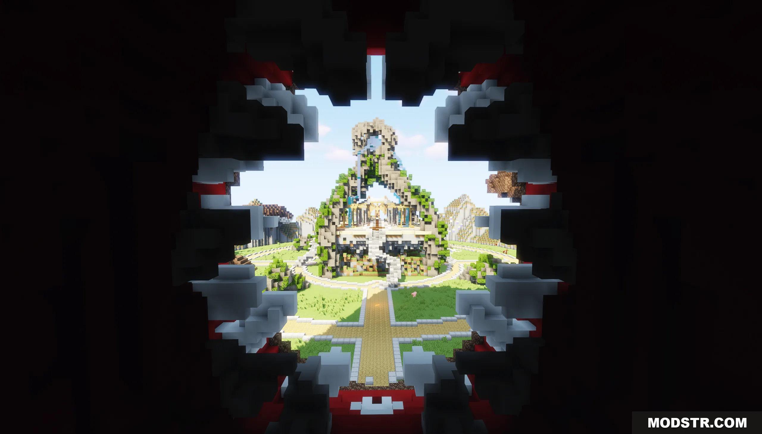 Kraken Lobby Map Screenshot 7 View from inside a dark jagged opening looking at a central temple