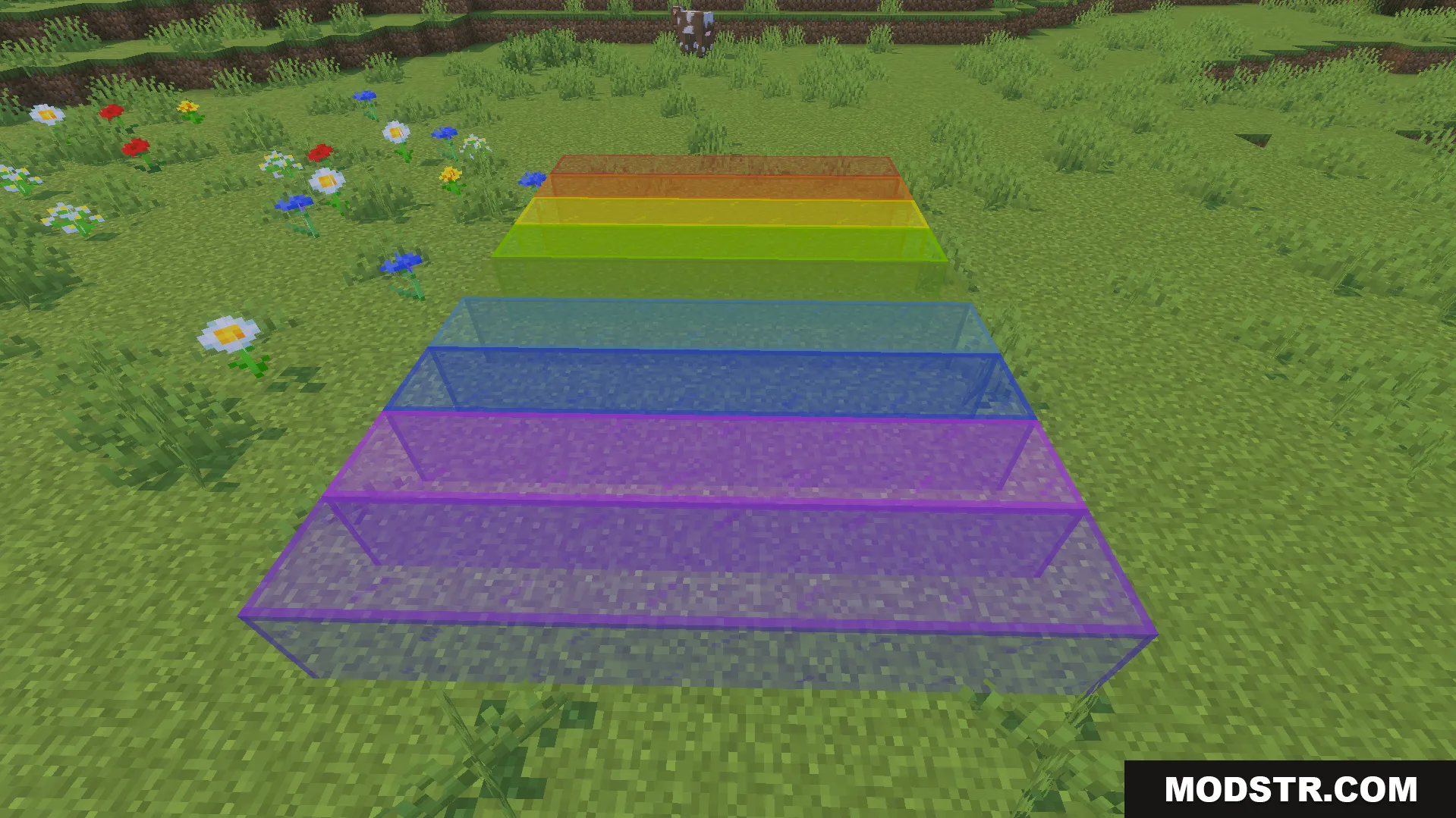KwZs Connected Glass Addon Screenshot 7 KwZs Connected Glass Addon displays seamless colored glass blocks on a grassy field