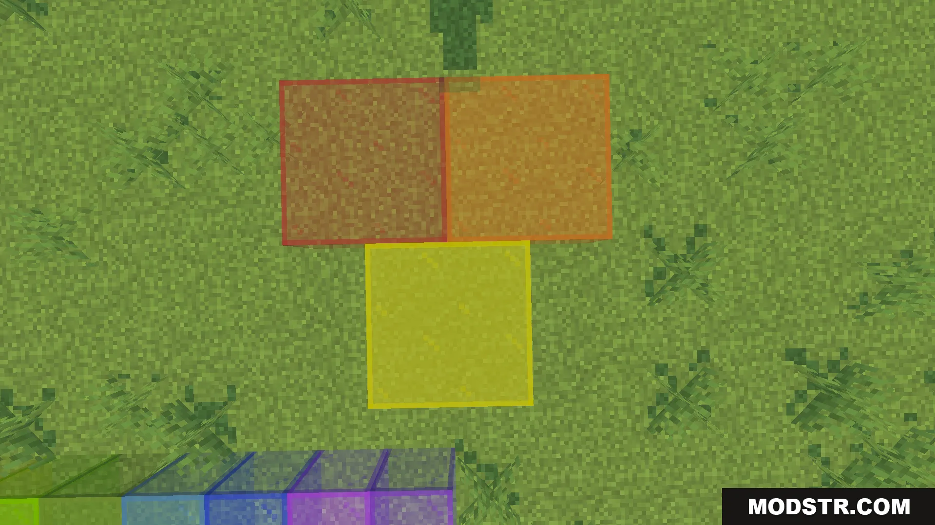 KwZs Connected Glass Addon Screenshot 8 Top down view of red orange and yellow connected glass blocks on grass