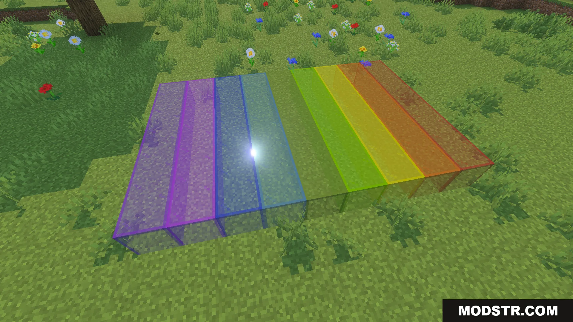 KwZs Connected Glass Addon Screenshot 6 Multiple colored glass blocks connecting seamlessly on a grassy field with flowers