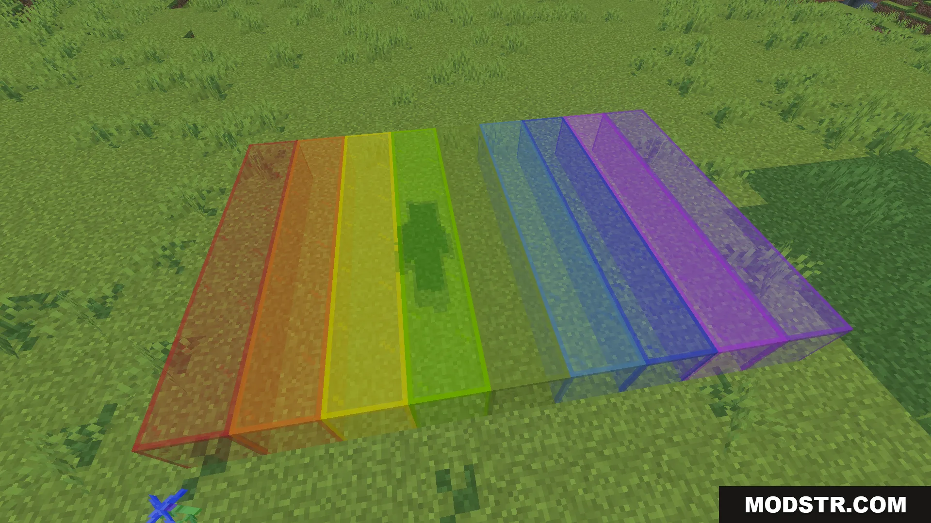 KwZs Connected Glass Addon Screenshot 5 Colorful connected glass blocks in various rainbow colors placed on green grass