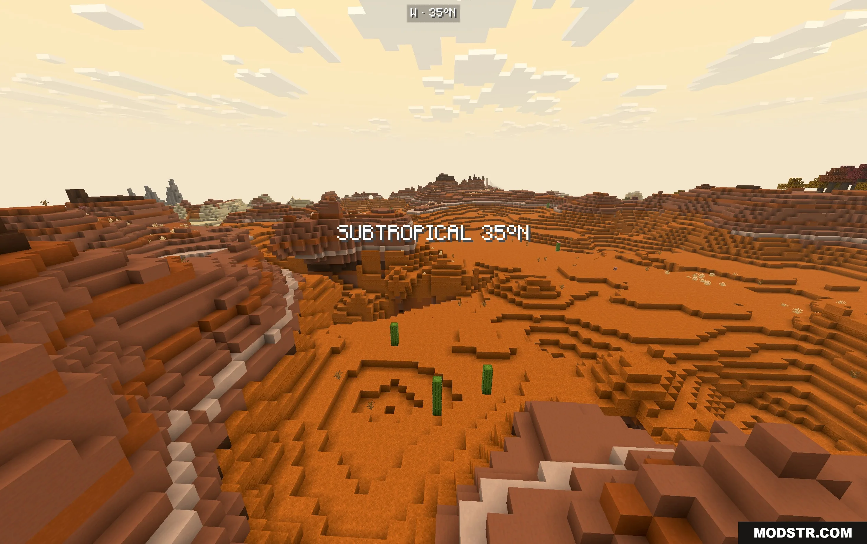 Red sand desert biome with cacti and subtropical latitude text on screen