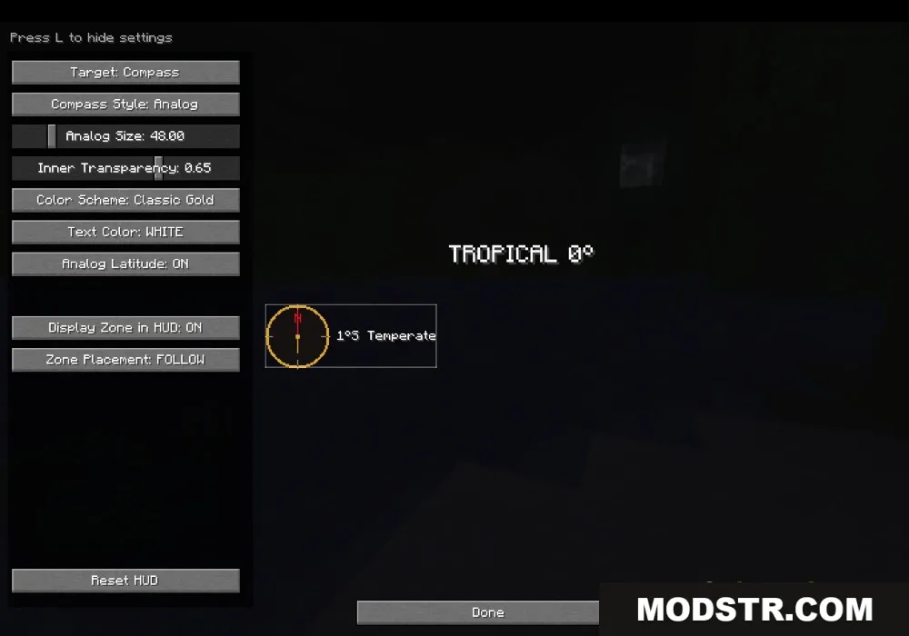 Configuration menu for customizing the compass and latitude display on the HUD