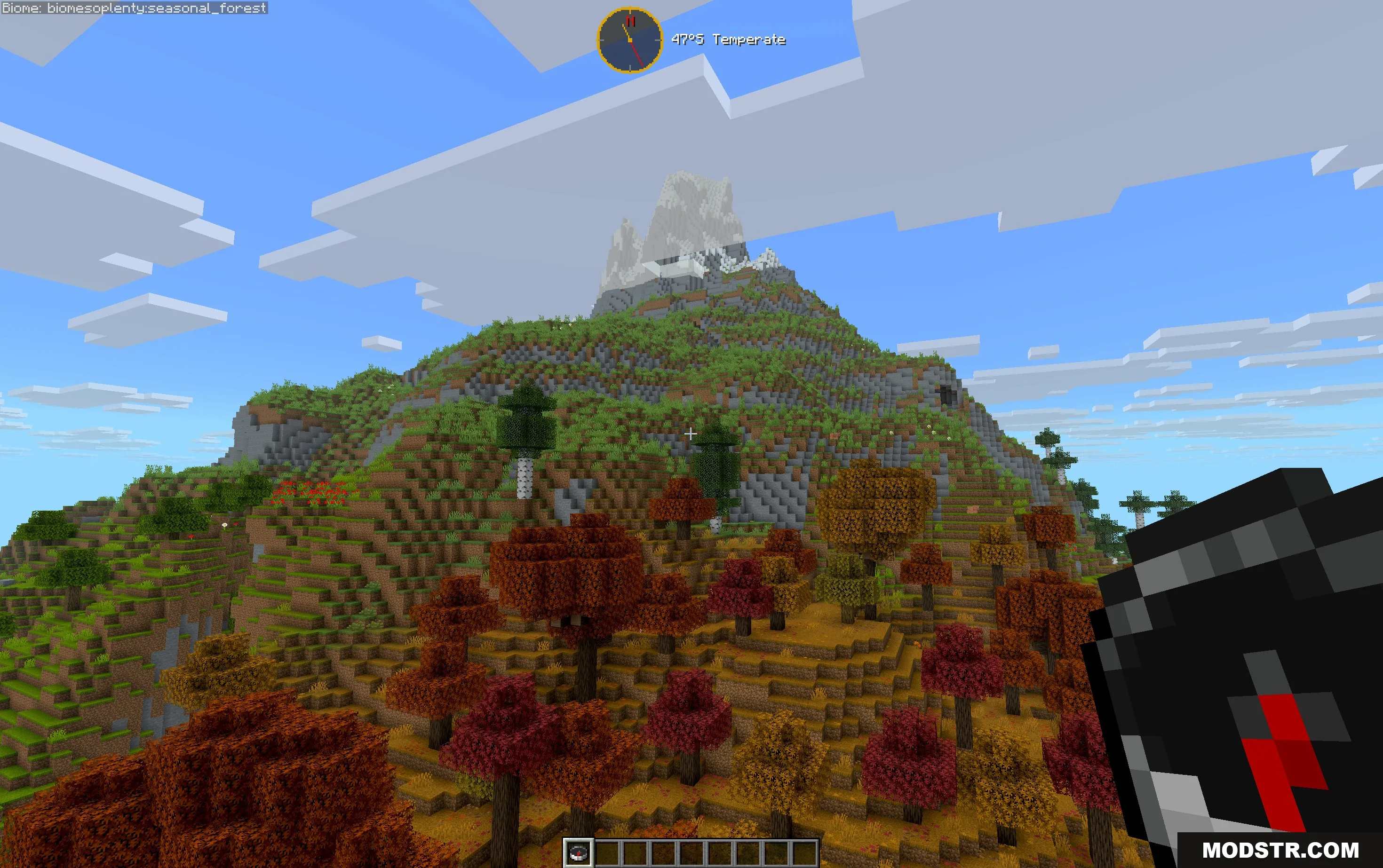 Autumn forest on a hillside leading to a snowy mountain peak in Minecraft
