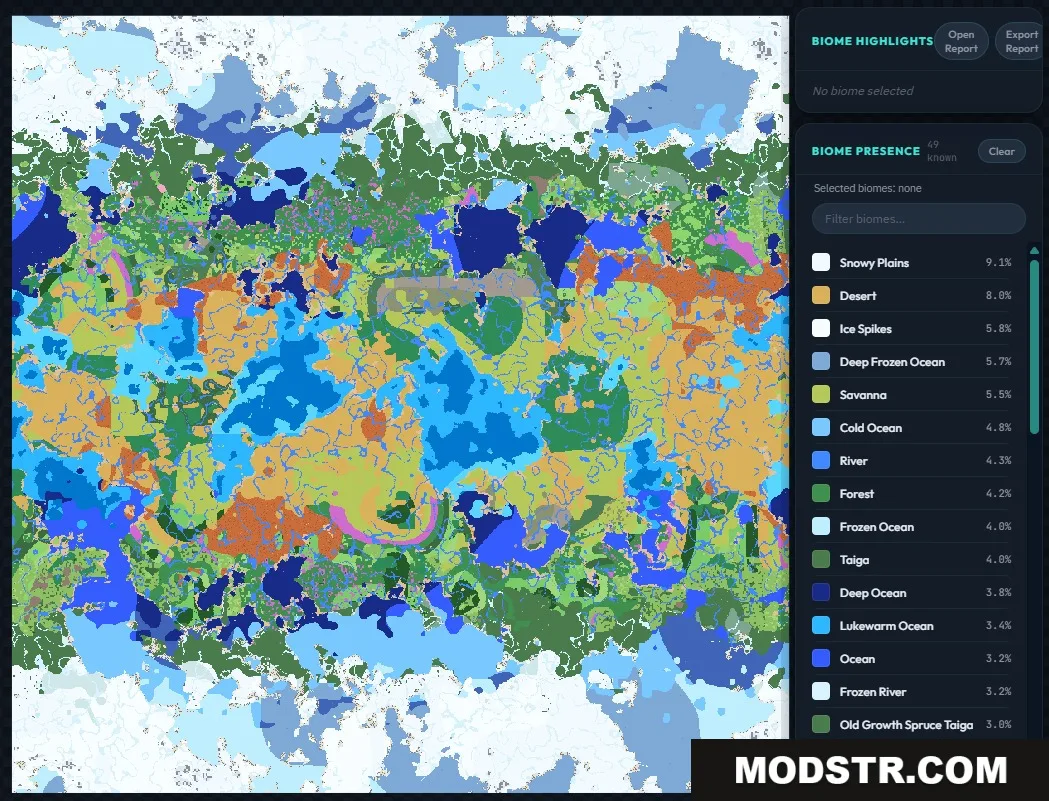 A colorful world map displaying biome distribution and percentage statistics