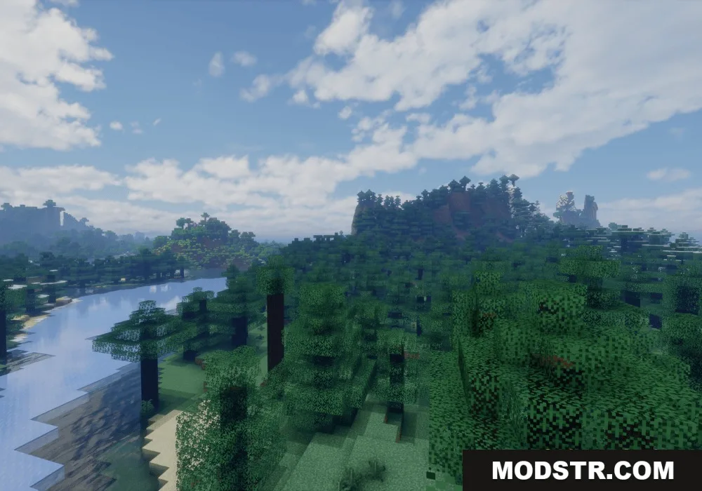 Scenic Minecraft landscape featuring a winding river and lush green mountain forests