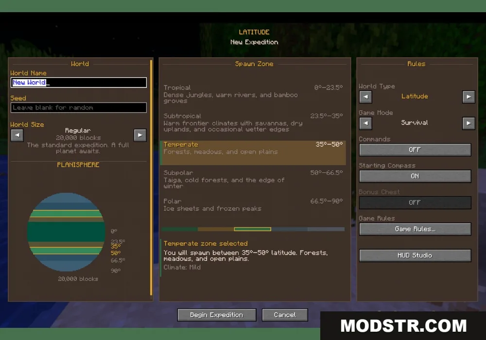 The Latitude mod world creation menu for selecting starting climate zones