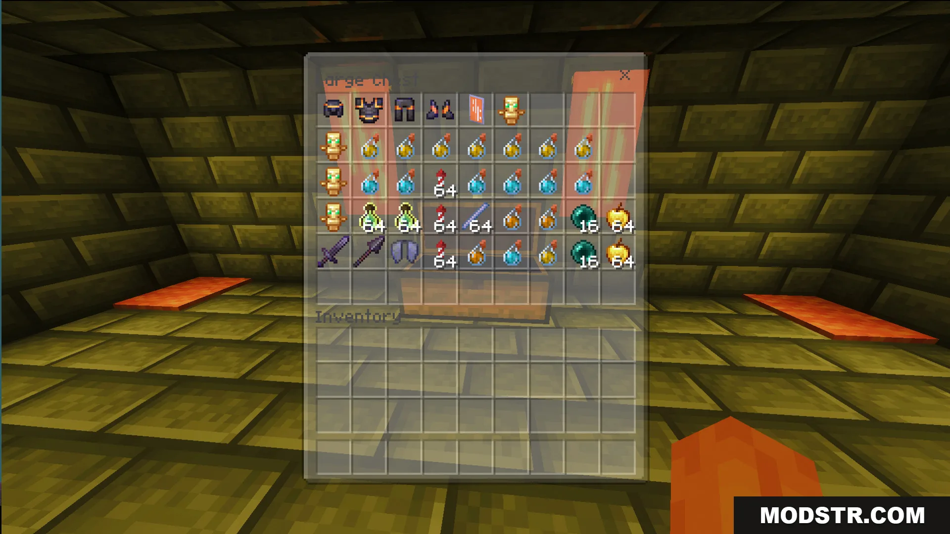 Law Fighting Simulator Bedrock Edition by Aquario Map Screenshot 10 Chest interface filled with netherite armor totems of undying and custom combat weapons