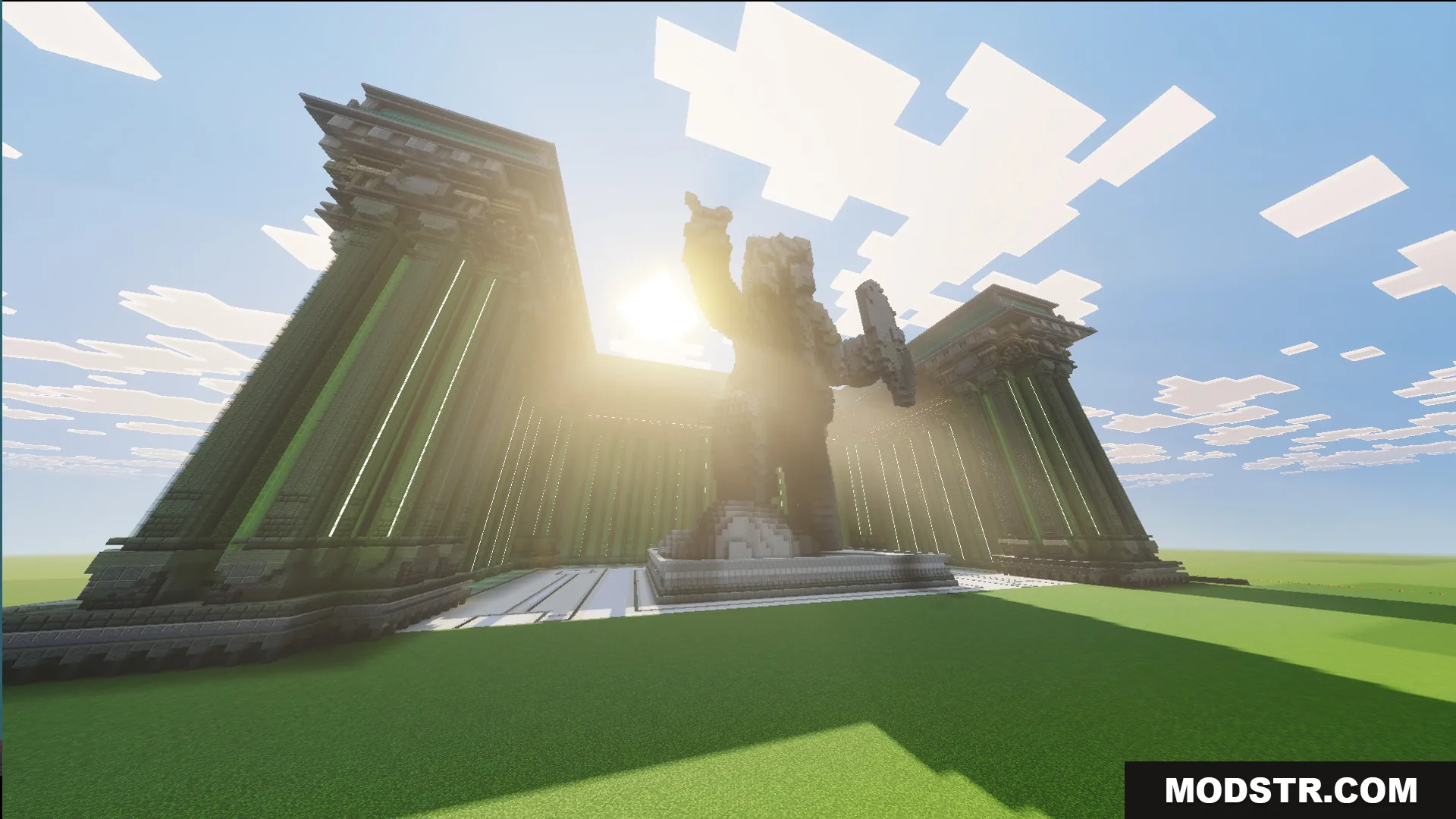 Law Fighting Simulator Bedrock Edition by Aquario Map Screenshot 8 A giant statue stands in front of a grand lobby with green pillars