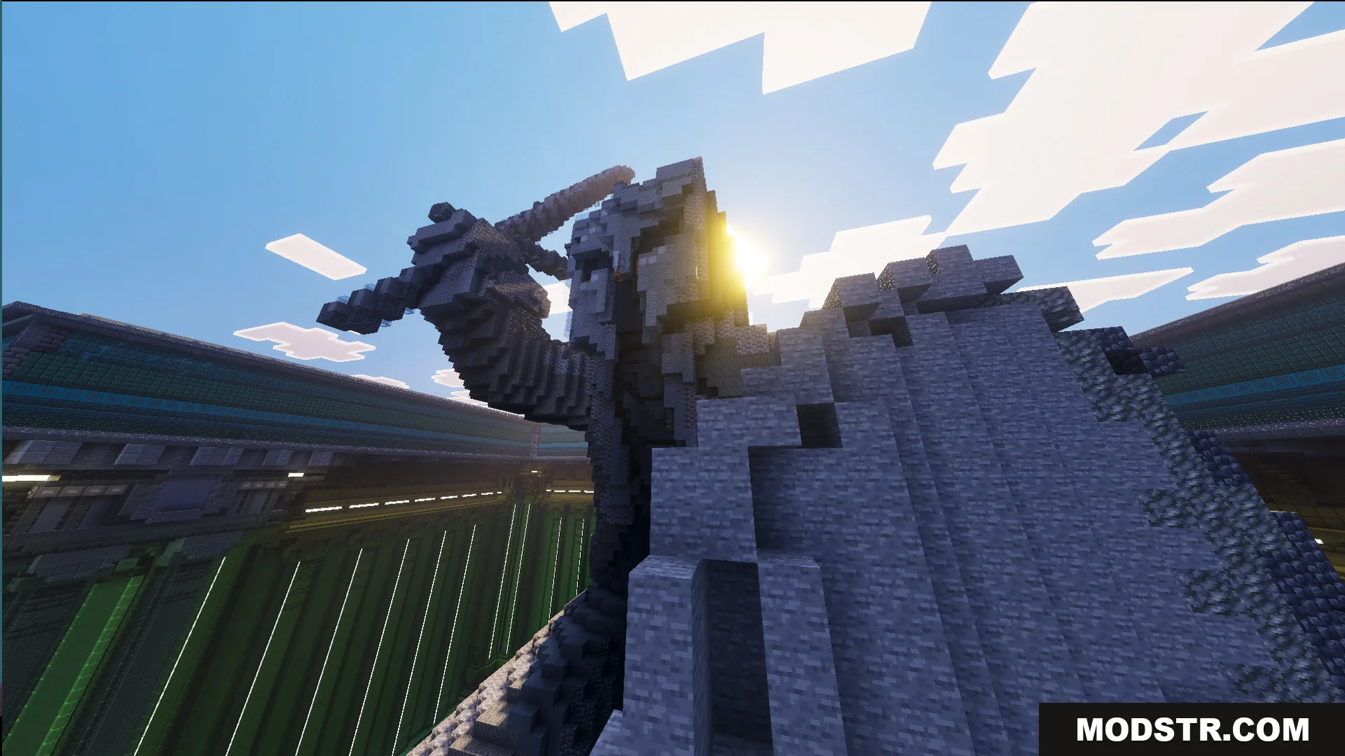 Law Fighting Simulator Bedrock Edition by Aquario Map Screenshot 9 Grand lobby of Law fighting simulator featuring a large stone warrior statue