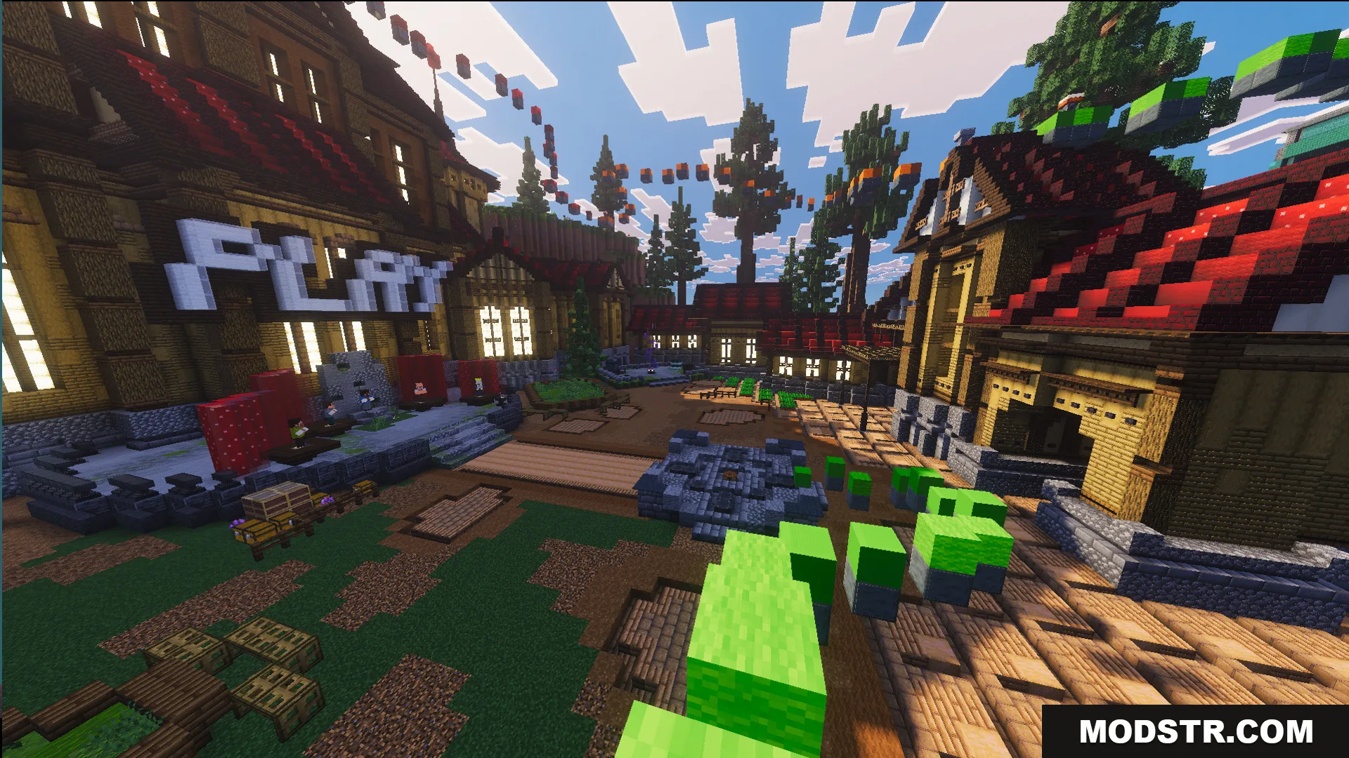 Law Fighting Simulator Bedrock Edition by Aquario Map Screenshot 2 Grand lobby area featuring a large play sign and green floating parkour blocks