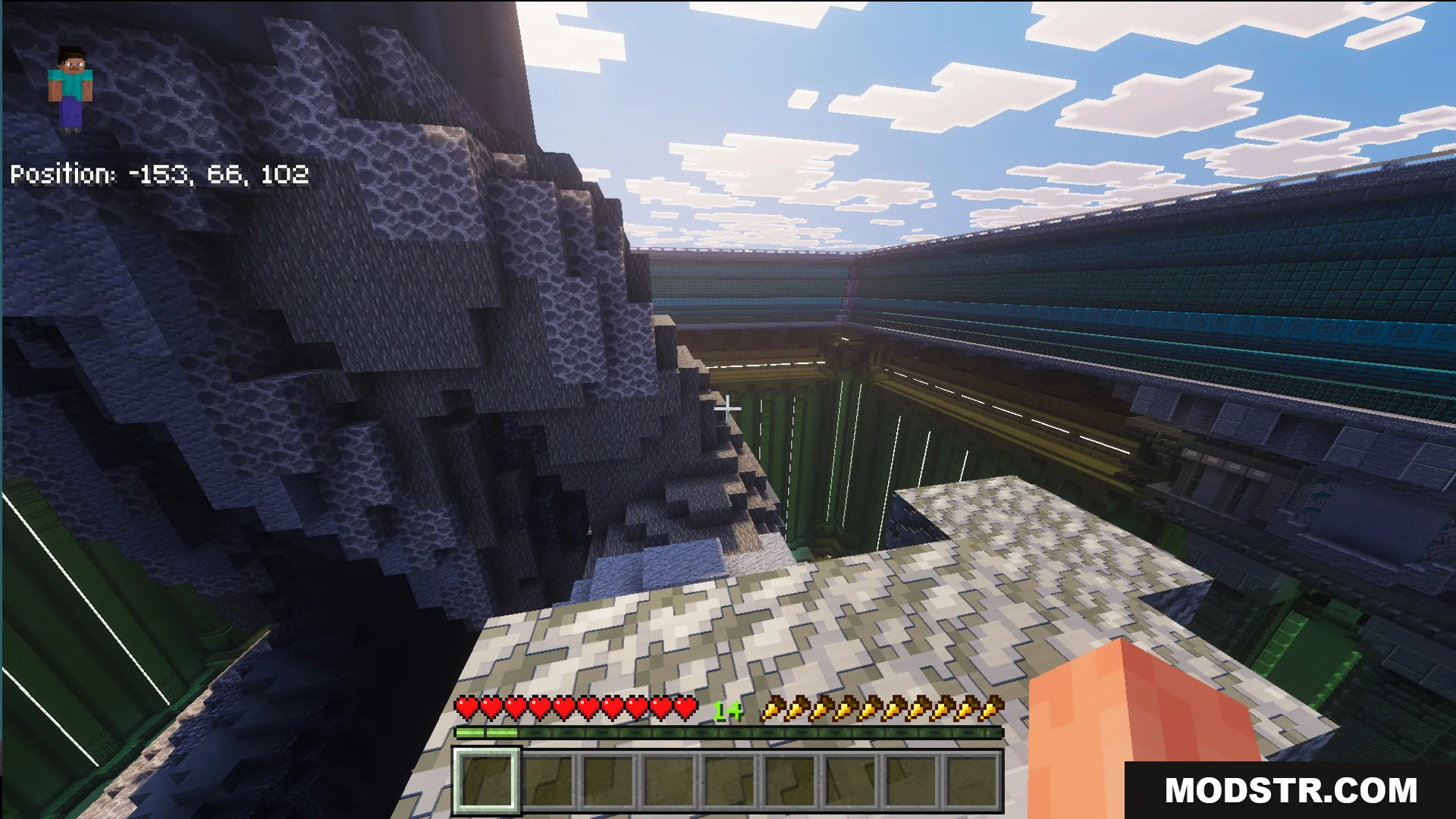 Law Fighting Simulator Bedrock Edition by Aquario Map Screenshot 6 First person view of a large combat arena with stone mountains and walls