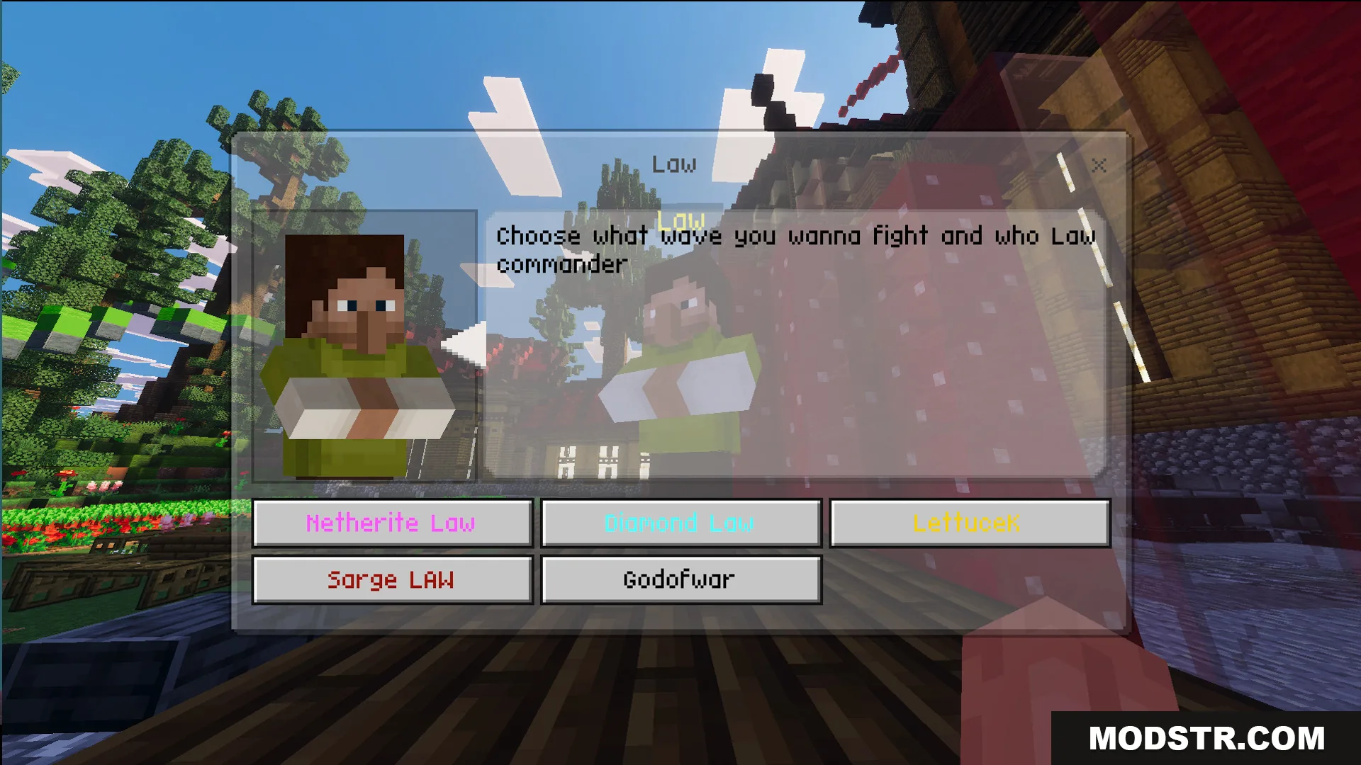 Law Fighting Simulator Bedrock Edition by Aquario Map Screenshot 5 Custom menu screen in Law fighting simulator Bedrock edition with villager NPC selection