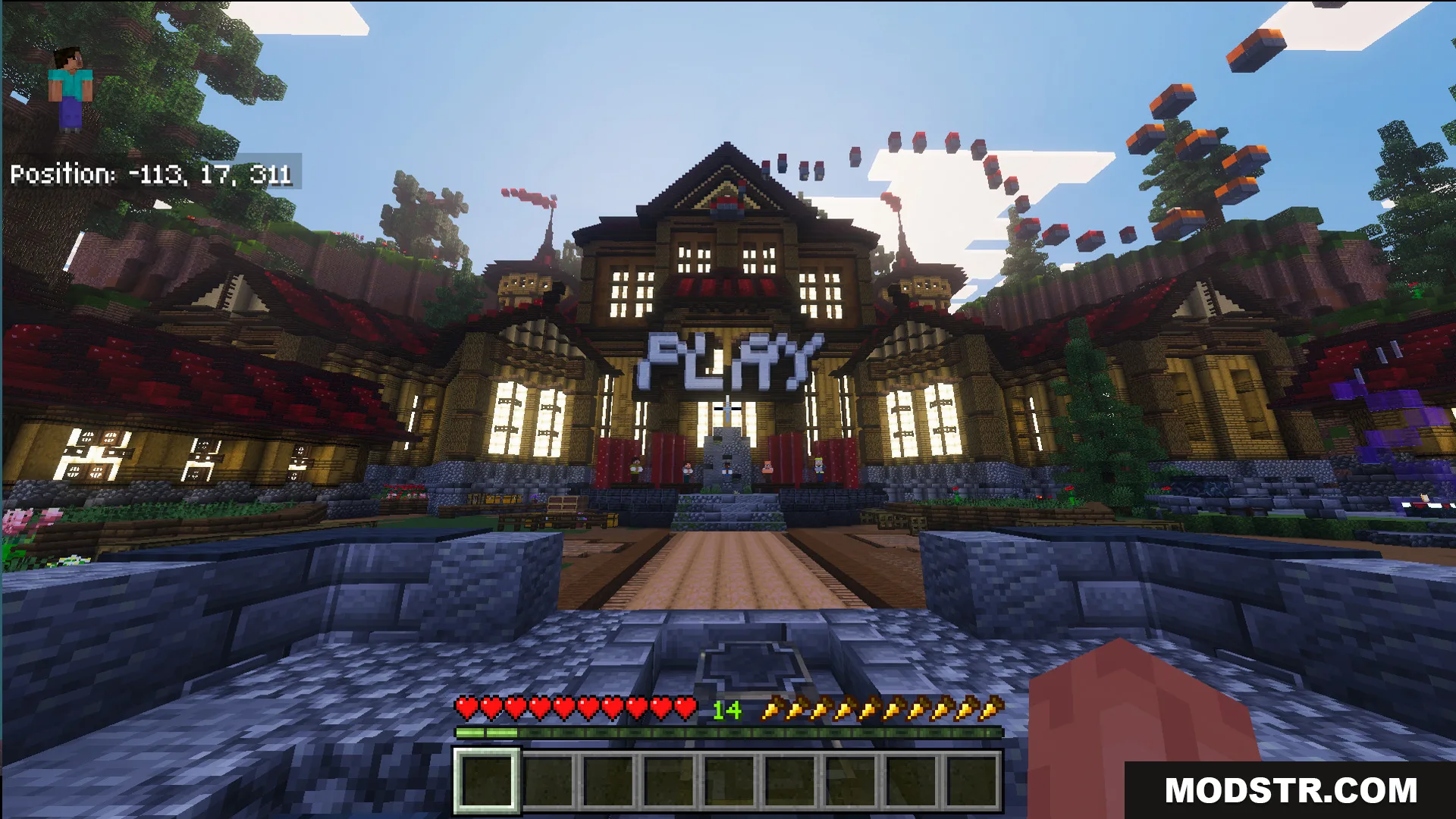 Law Fighting Simulator Bedrock Edition by Aquario Map Screenshot 11 Grand lobby with a large play sign and floating parkour blocks for players