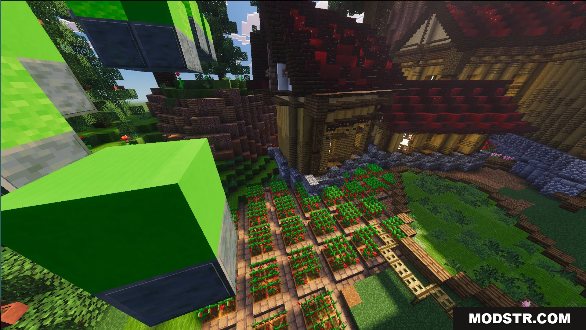 Law Fighting Simulator Bedrock Edition by Aquario Map Screenshot 1 Overhead view of a farm area with red crops and green parkour blocks
