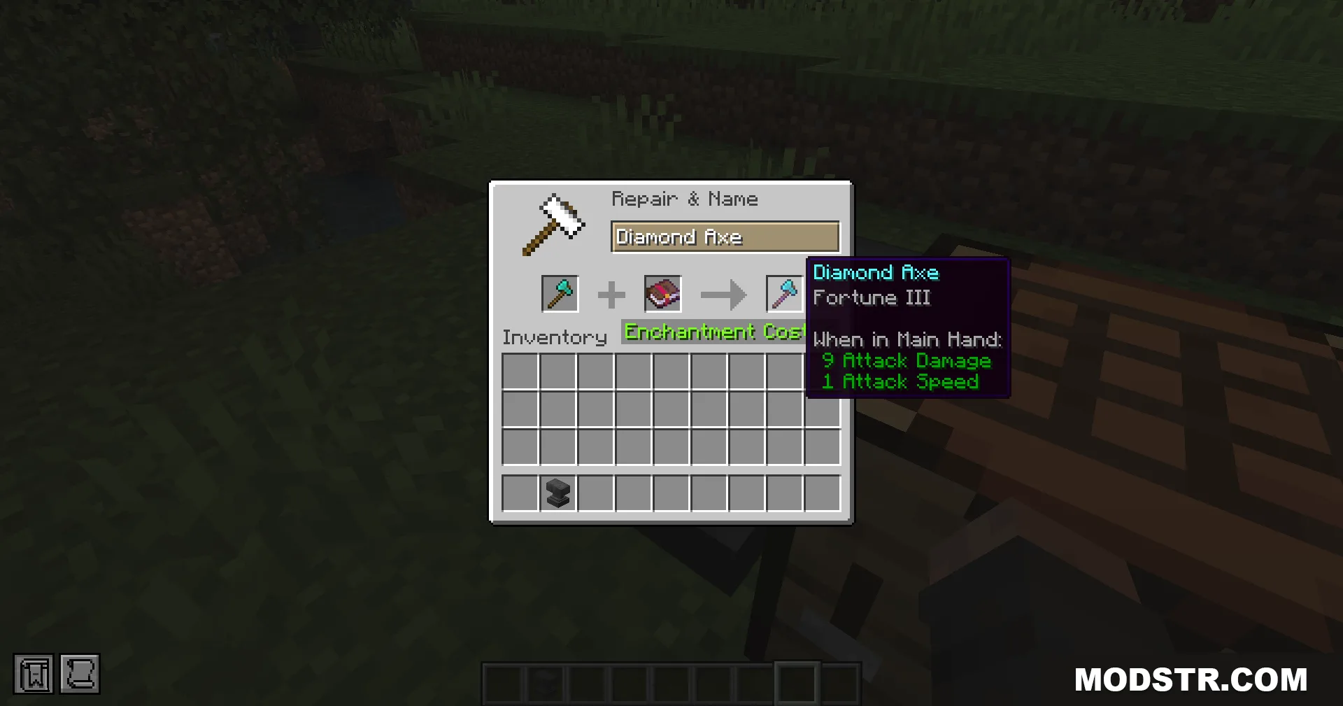 Legacy Mechanics Data Pack Screenshot 5 A player using an anvil to enchant a diamond axe with Fortune III