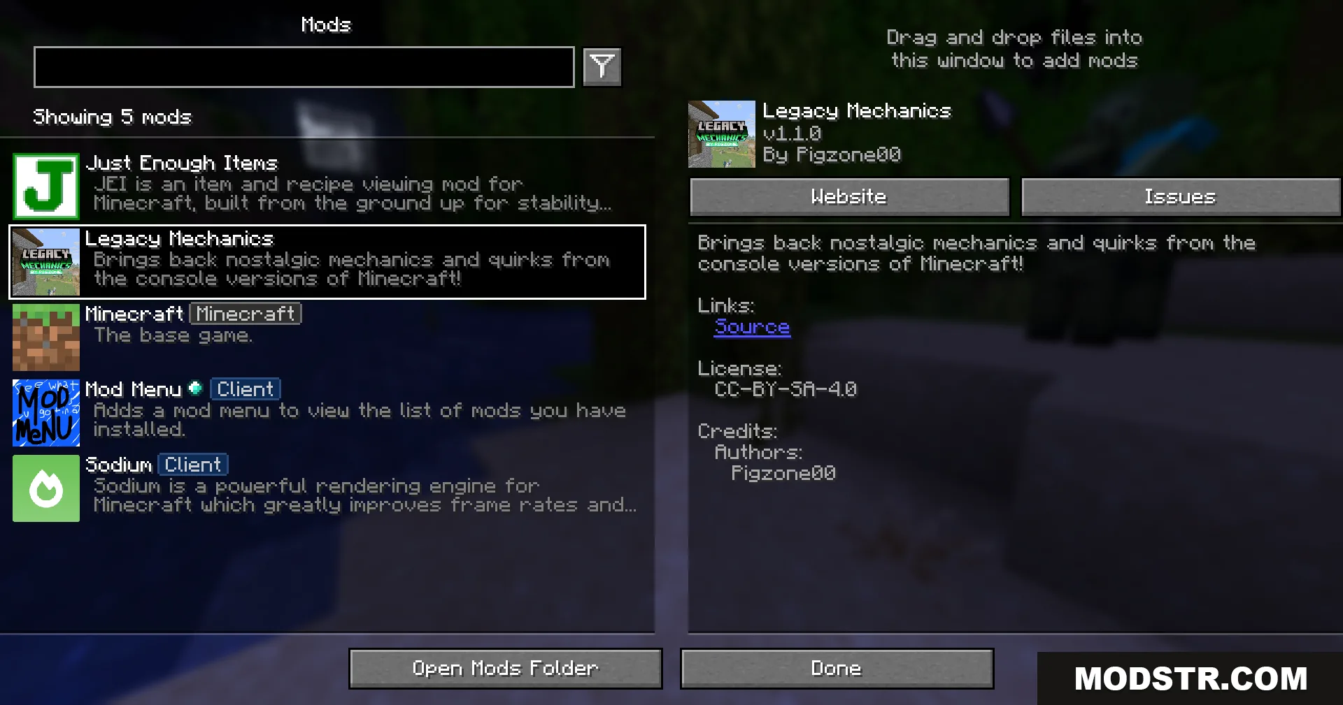 Legacy Mechanics Data Pack Screenshot 1 Minecraft mod menu interface displaying the Legacy Mechanics mod details