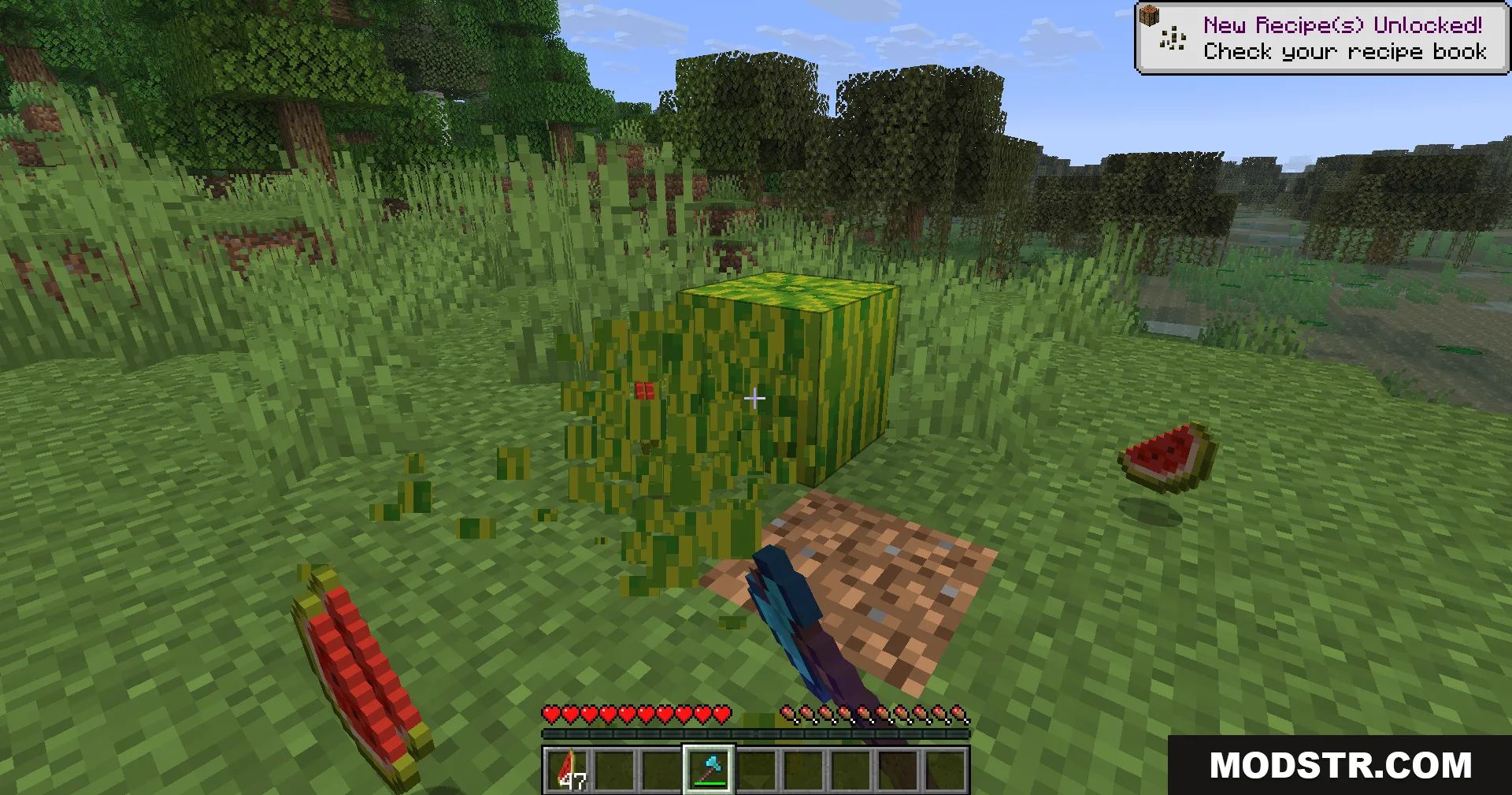 Legacy Mechanics Data Pack Screenshot 9 A player breaks a melon block with a diamond axe in a forest