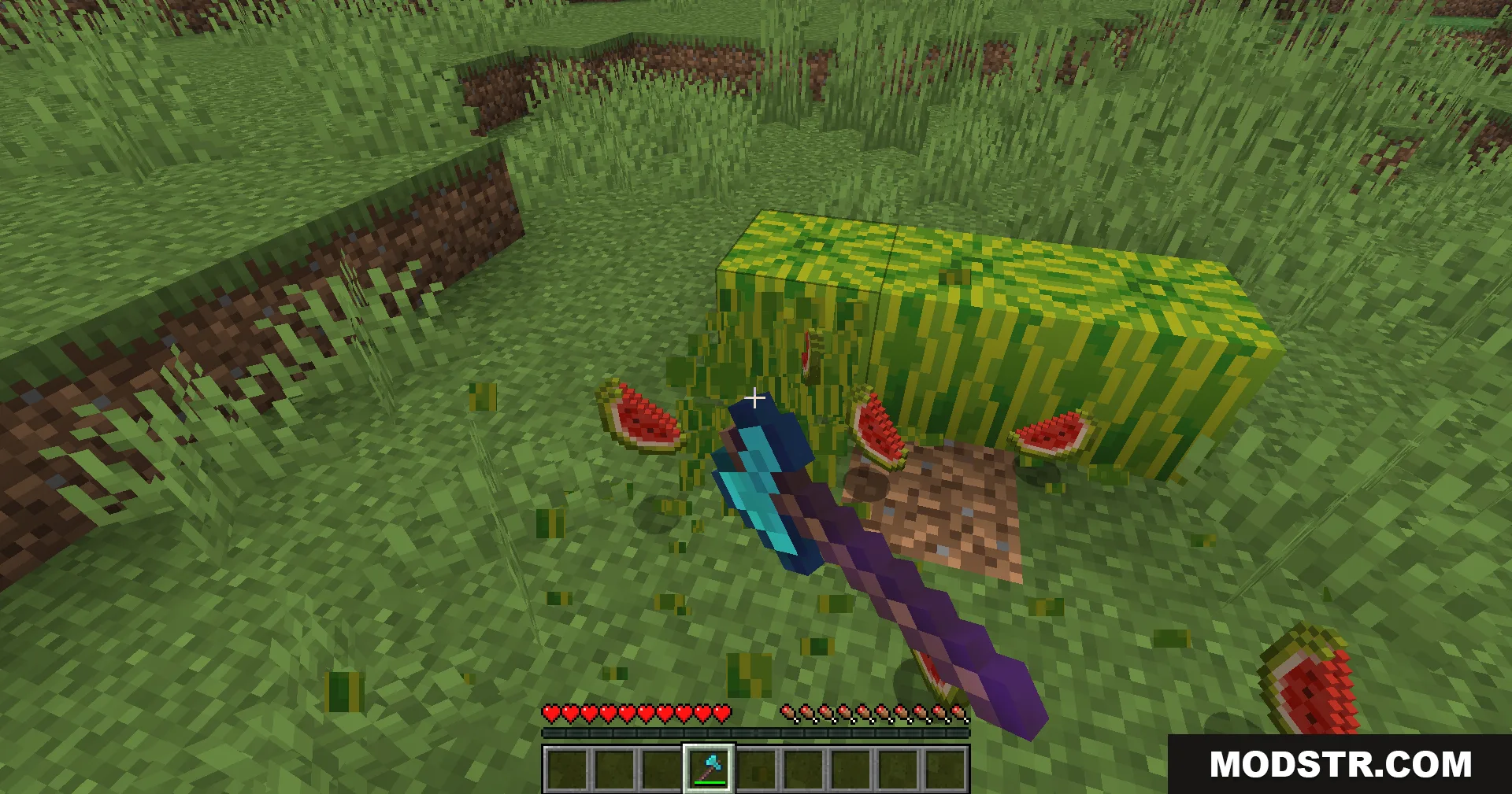 Legacy Mechanics Data Pack Screenshot 8 Multiple melon slices drop on the ground after harvesting with an enchanted axe