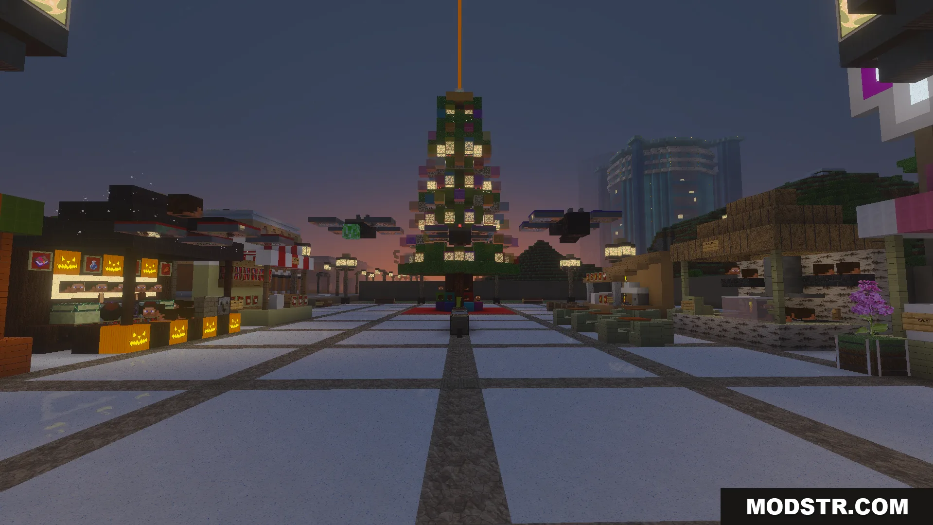 Legendary PBR Texture Pack Screenshot 8 Cinematic city square at dusk with a Christmas tree and market stalls