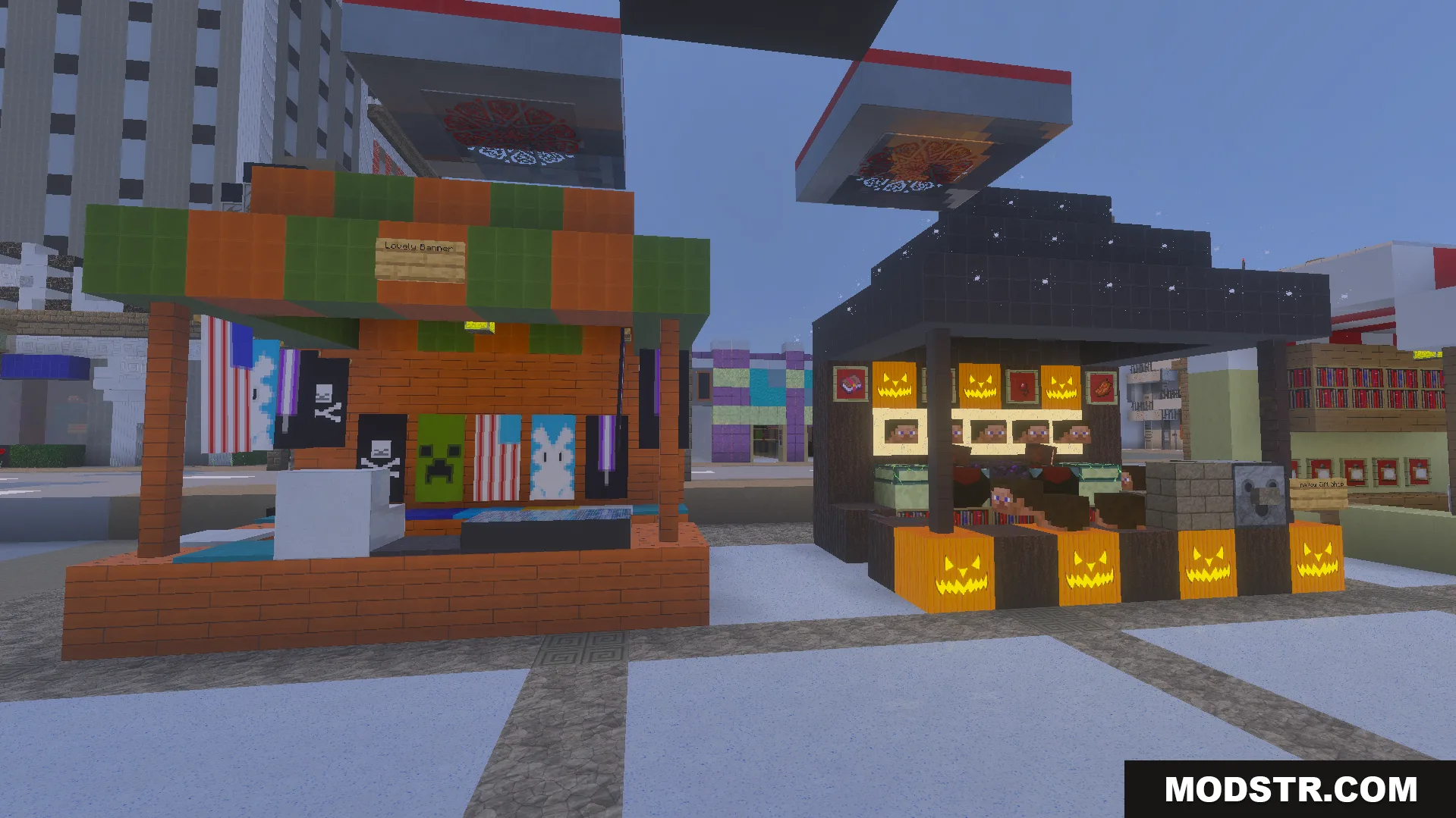 Legendary PBR Texture Pack Screenshot 9 Legendary PBR Texture Pack showing market stalls with banners and jack o lanterns