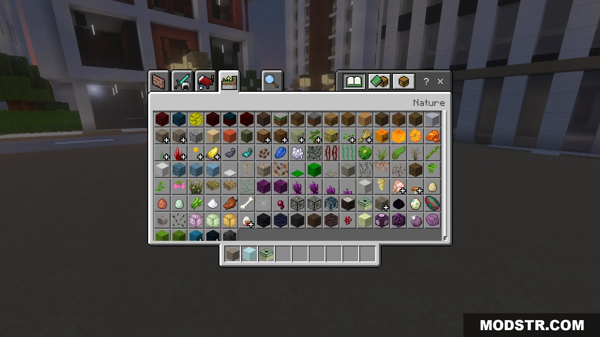 Legendary PBR Texture Pack Screenshot 6 Creative inventory nature tab showing blocks with realistic physically based materials