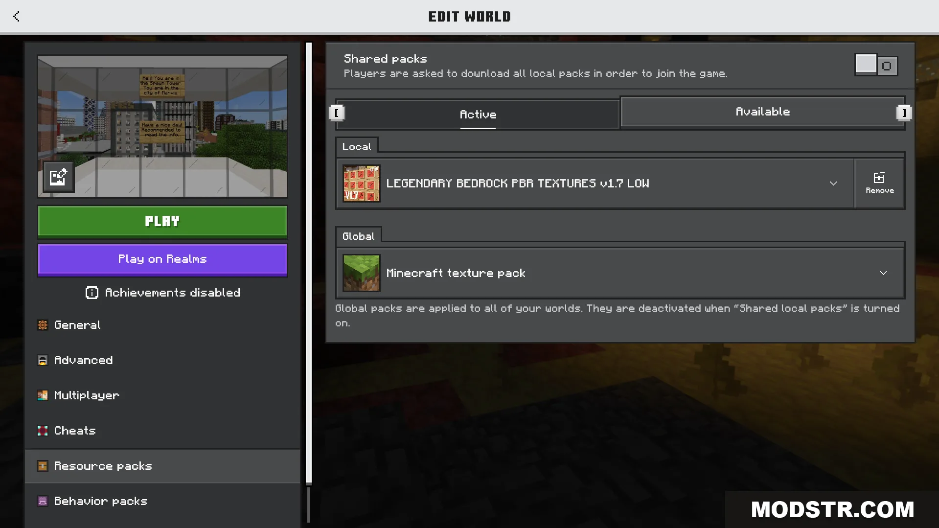 Legendary PBR Texture Pack Screenshot 1 Minecraft resource pack menu showing the active Legendary Bedrock PBR Texture Pack