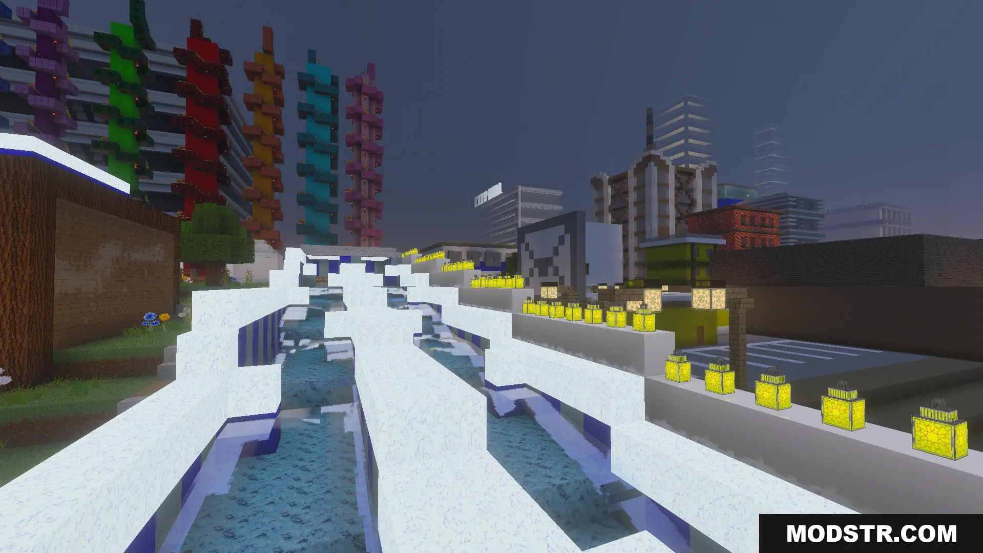 Legendary PBR Texture Pack Screenshot 3 Realistic water and fog effects in a city with colorful skyscrapers