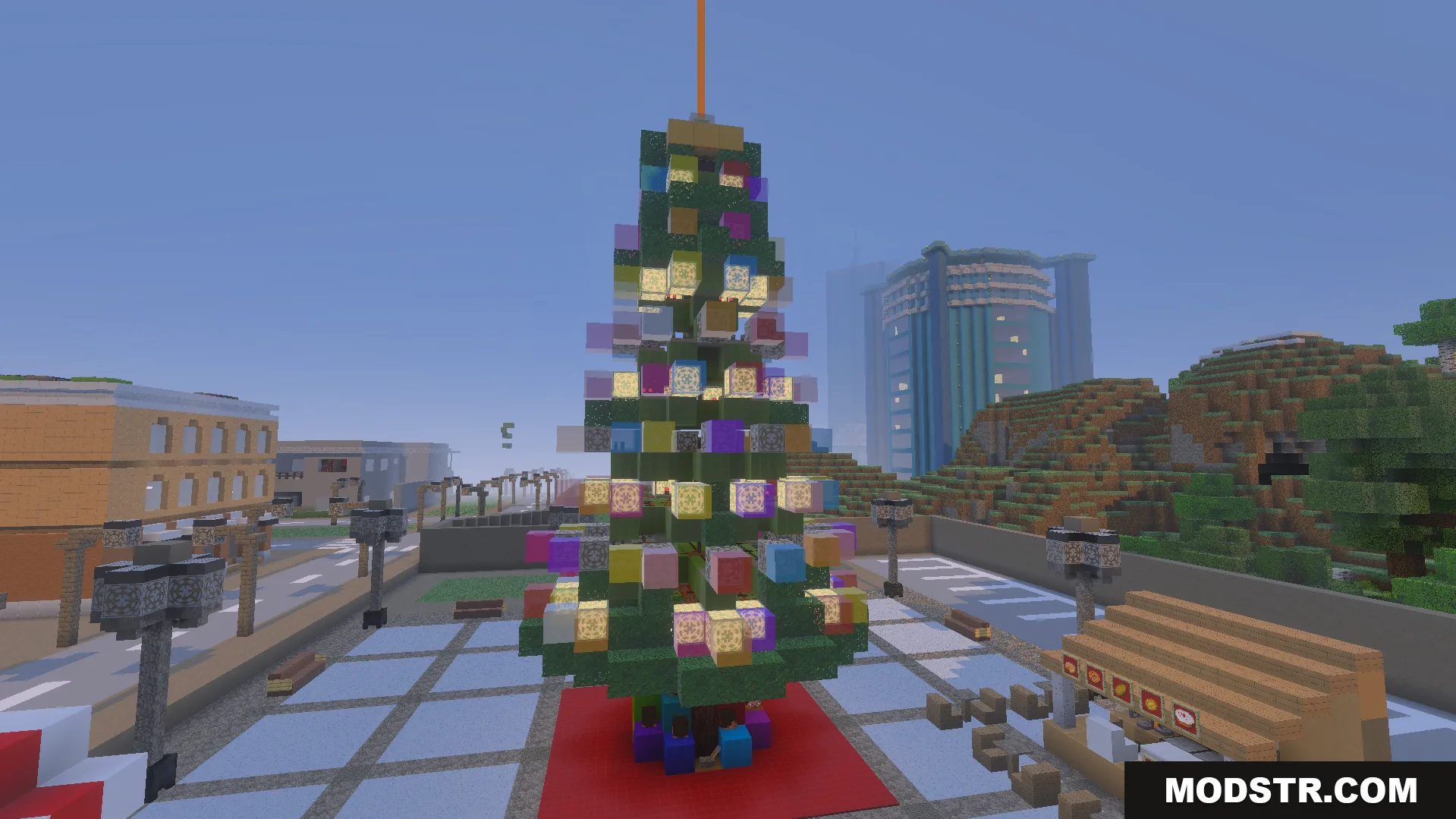 Legendary PBR Texture Pack Screenshot 10 A tall Christmas tree with glowing lights and ornaments in a city