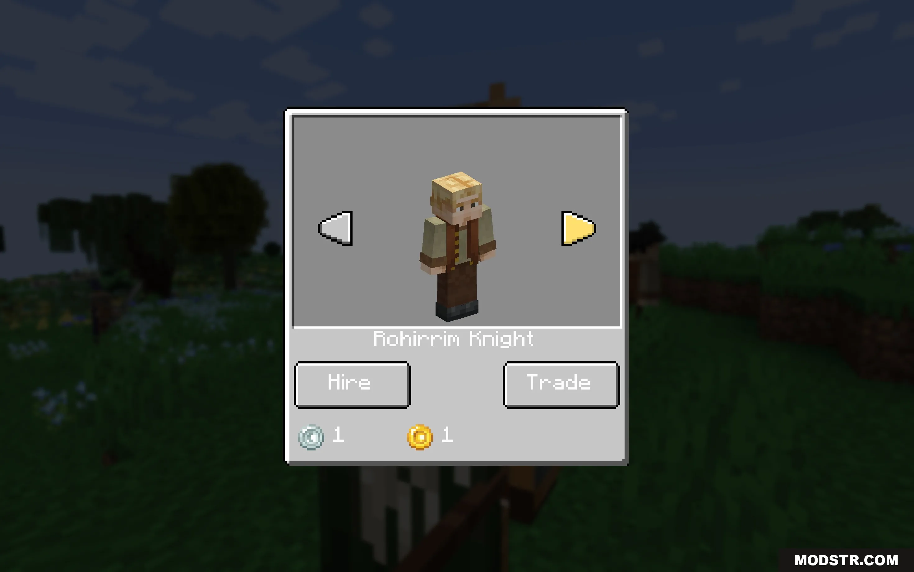 Legion of the Rings Mod Screenshot 2 A Minecraft interface for hiring a Rohirrim Knight using silver and gold coins