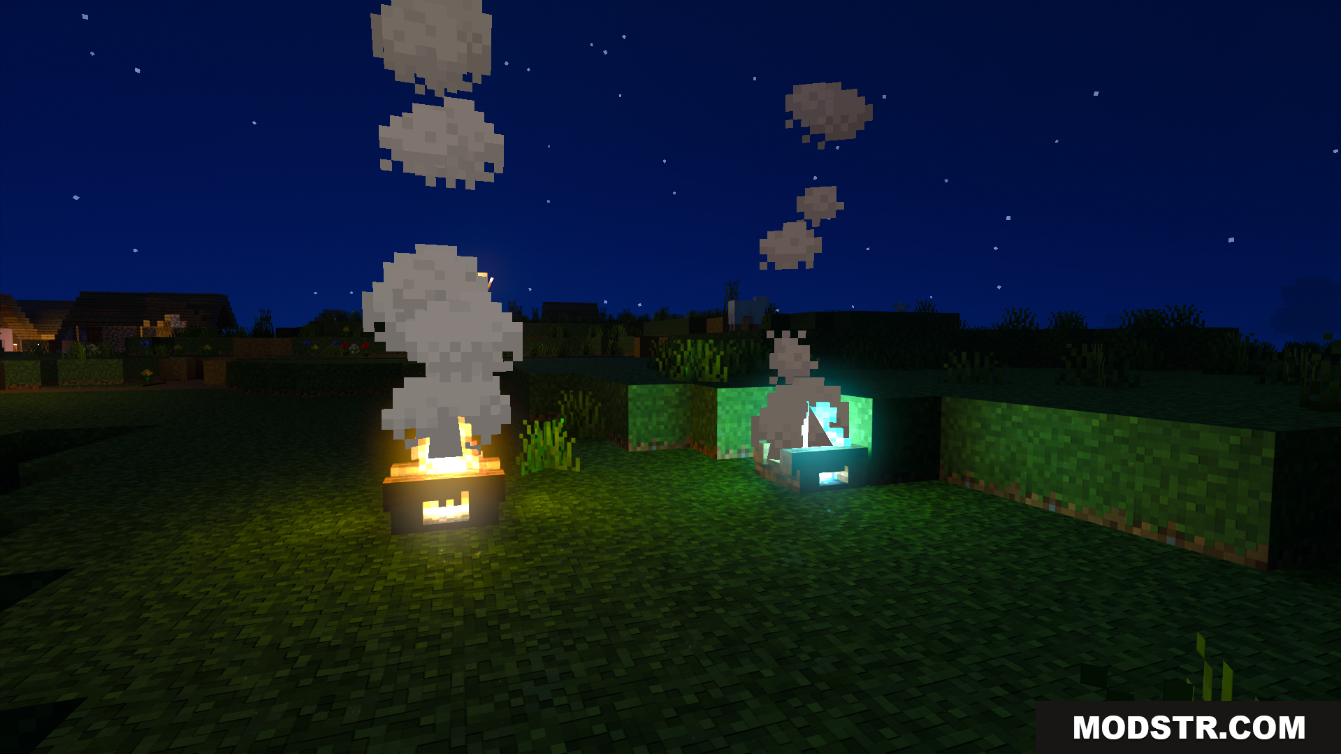 Light Path RTX Texture Pack Screenshot 7 Campfires with special lighting details and glowing effects at night