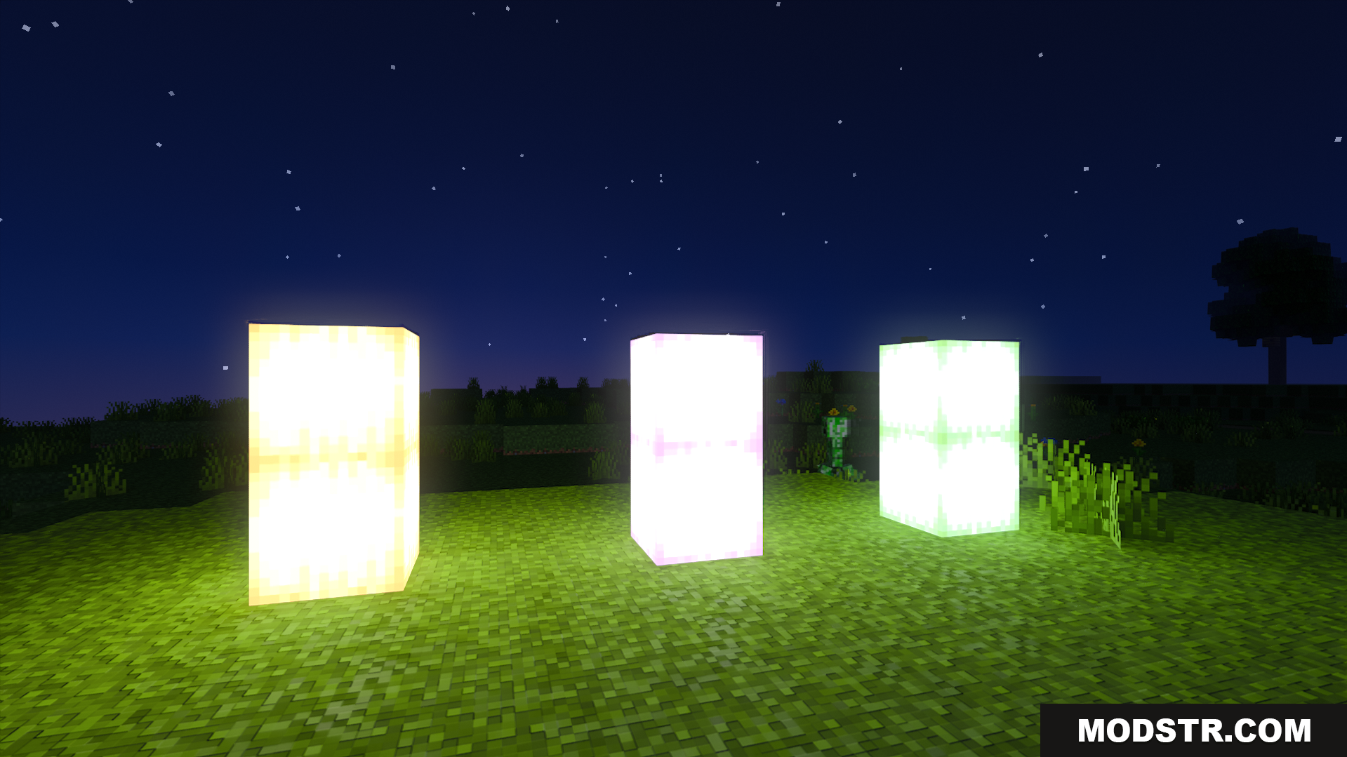 Light Path RTX Texture Pack Screenshot 5 Glowing blocks illuminate the grassy field with beautiful ray tracing effects