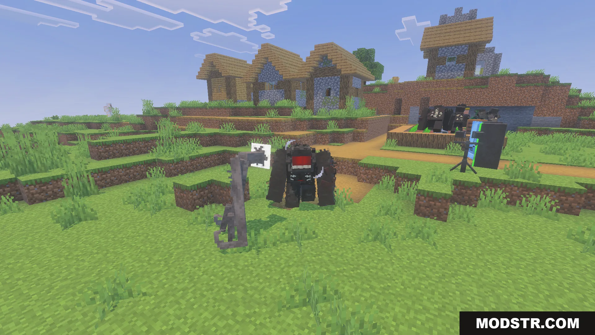 Liminal Craft Backrooms Addon Screenshot 6 Scary monsters like the skin stealer standing in a grassy Minecraft village