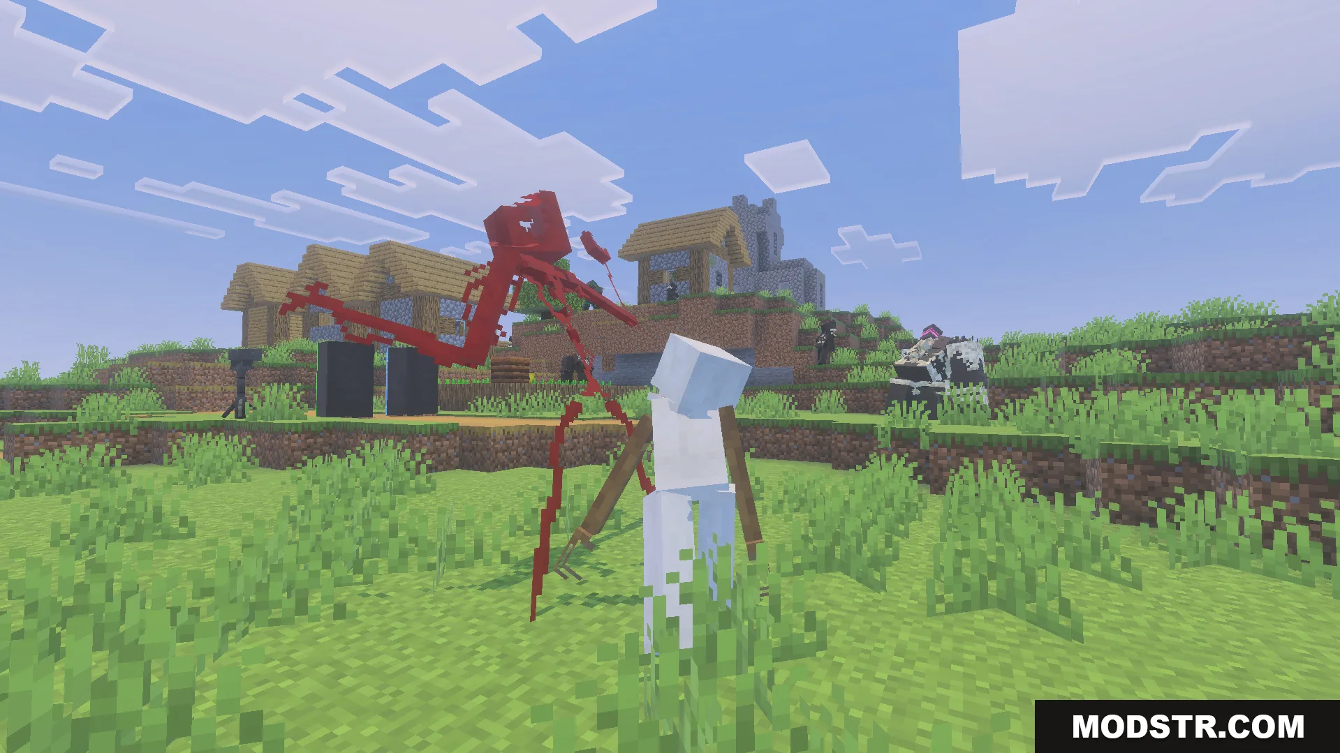 Liminal Craft Backrooms Addon Screenshot 9 Creepy red monster and white skin stealer standing near a village in Minecraft