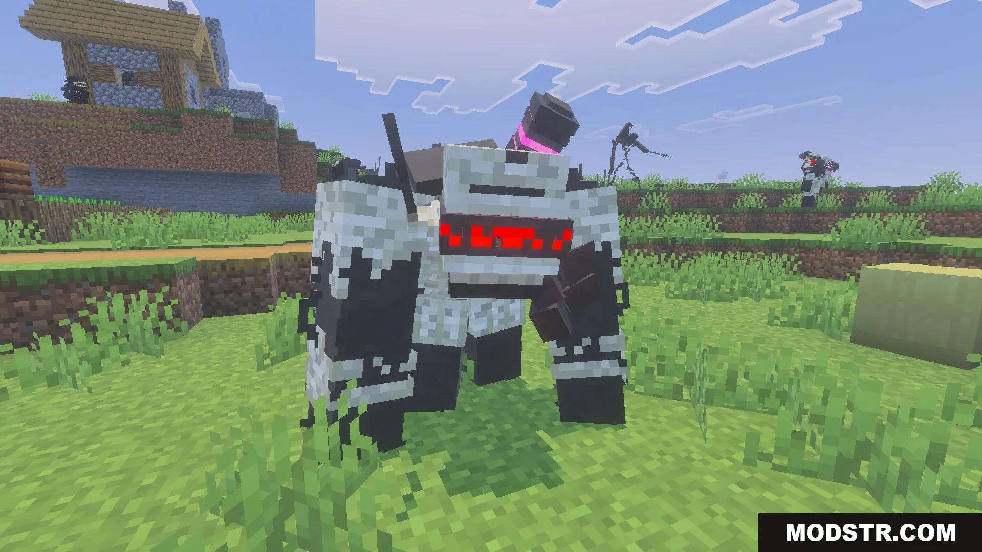 Liminal Craft Backrooms Addon Screenshot 10 Scary carpet bear monster with red eyes standing in a grassy Minecraft biome