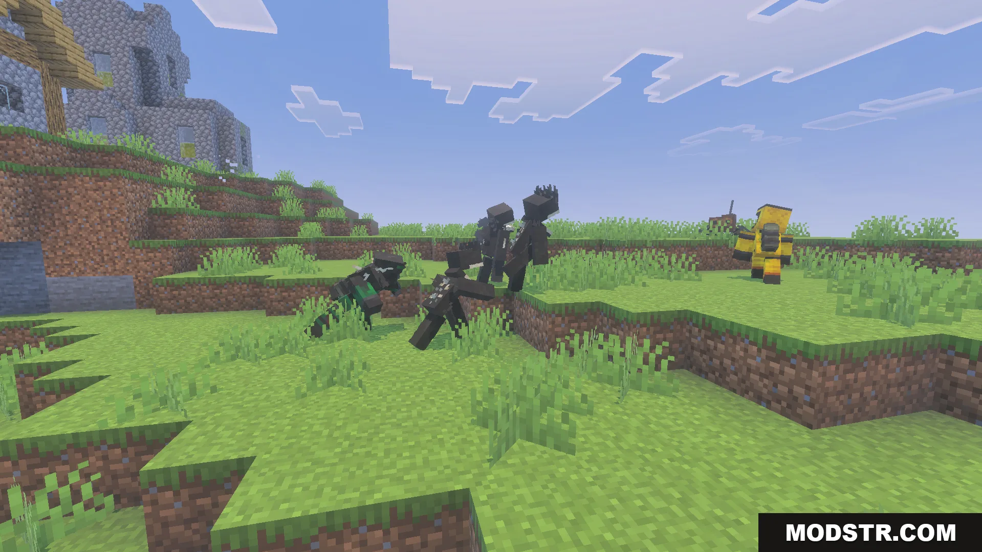Liminal Craft Backrooms Addon Screenshot 7 Scary skin stealer monsters and a yellow figure in a grassy field