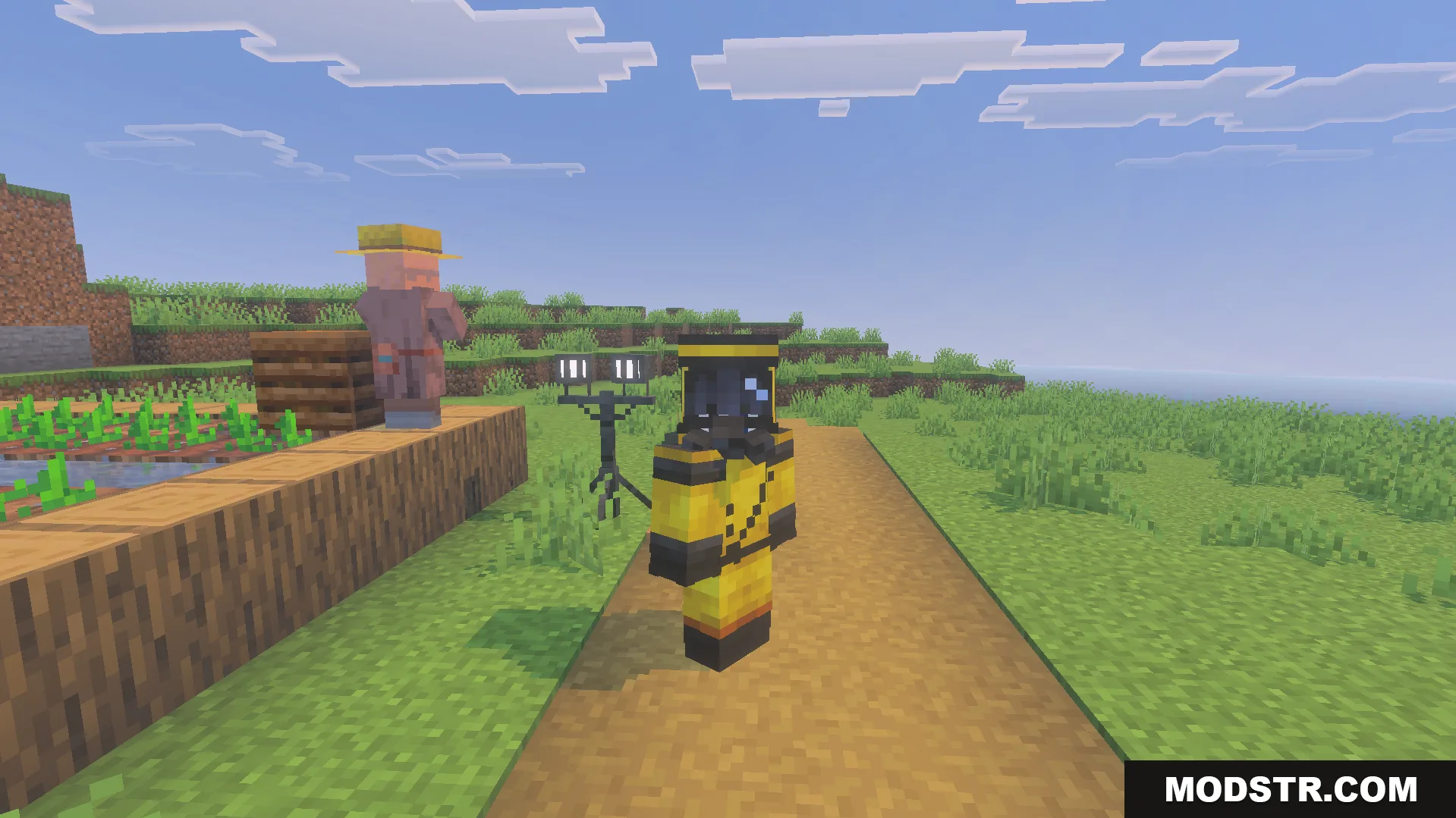 Liminal Craft Backrooms Addon Screenshot 2 Player wearing a yellow hazmat suit standing near a villager and camera