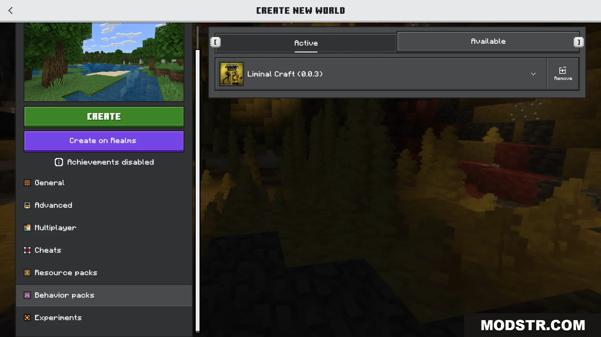 Liminal Craft Backrooms Addon Screenshot 1 Minecraft world creation menu with the Liminal Craft behavior pack active
