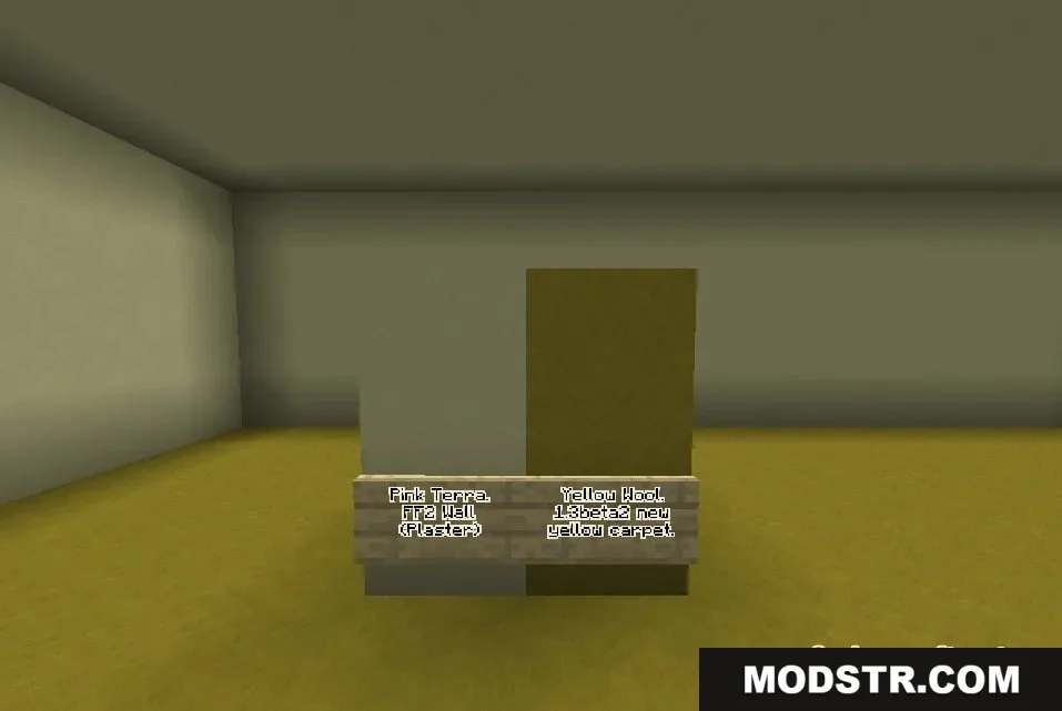 Linal Threshold Resource Pack Screenshot 3 Minecraft blocks with signs showing plaster wall and yellow carpet textures