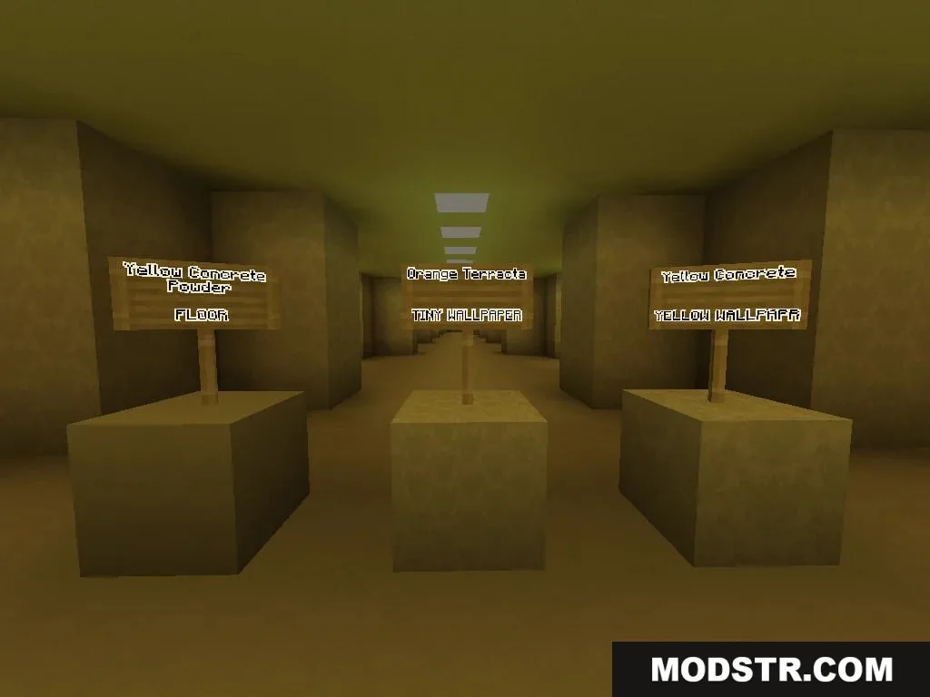 Linal Threshold Resource Pack Screenshot 4 Three blocks on pedestals displaying floor and wallpaper textures in a hallway