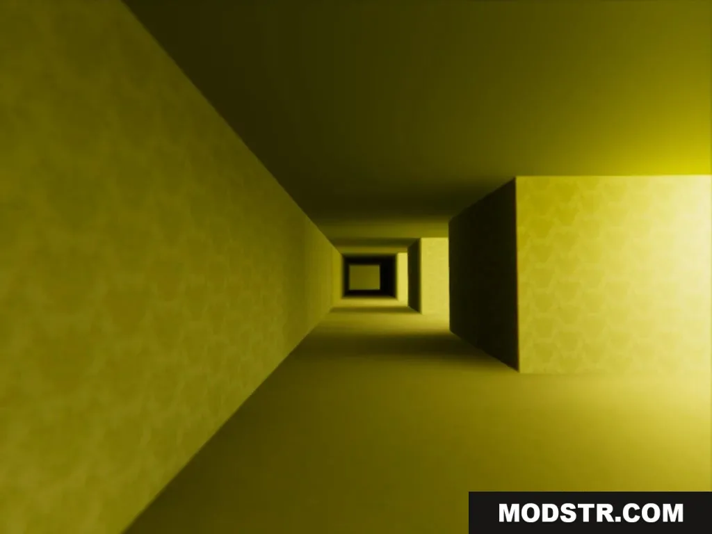 Linal Threshold Resource Pack Screenshot 7 Perspective view of a yellow corridor with patterned wallpaper and dark openings