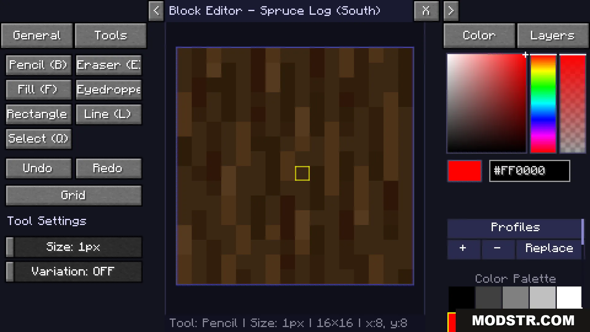 Live Texture Editor Mod Screenshot 5 A block editor interface used to customize the texture of a spruce log