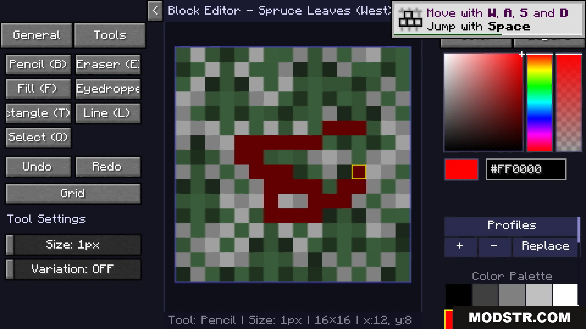 Live Texture Editor Mod Screenshot 2 A player paints red pixels onto the spruce leaves texture in game