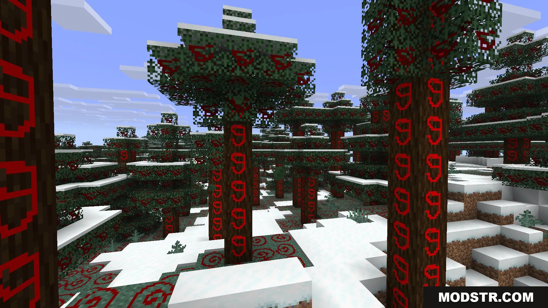 Live Texture Editor Mod Screenshot 11 Live Texture Editor Mod allows painting red patterns on trees in the snow